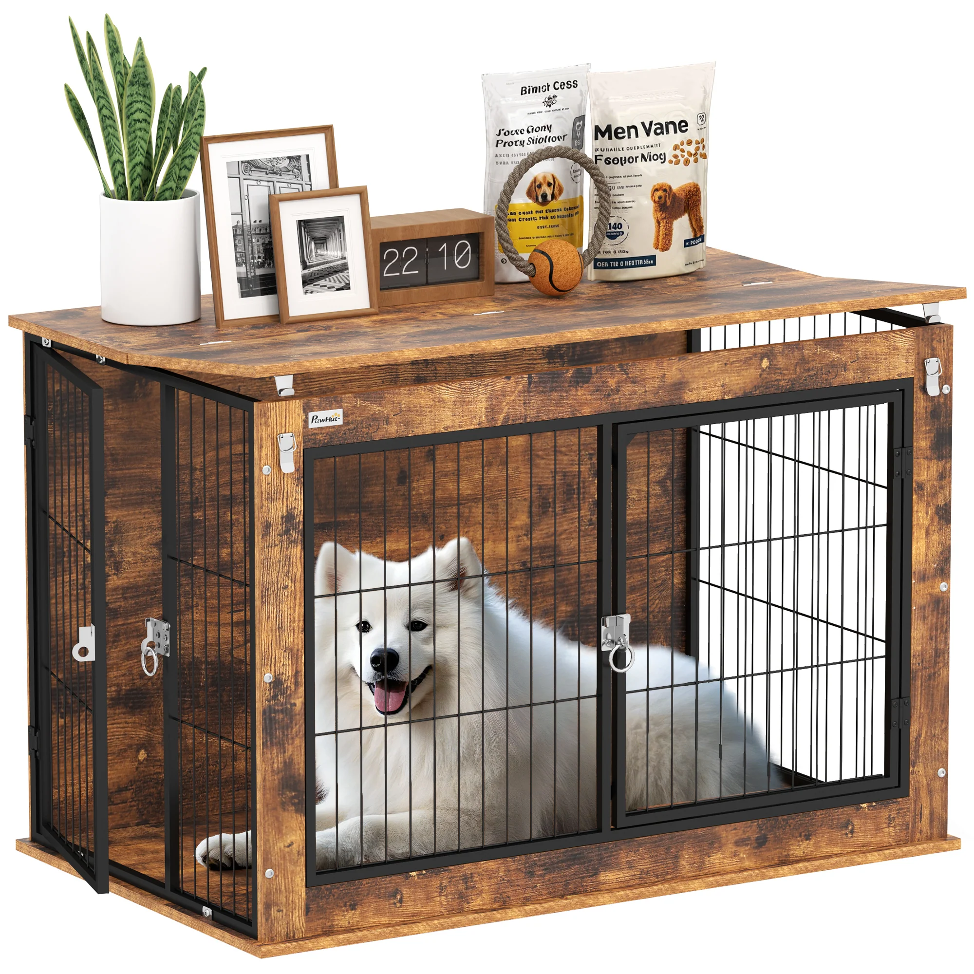 PawHut Dog Crate Furniture With Flip-up Top, 2 Doors