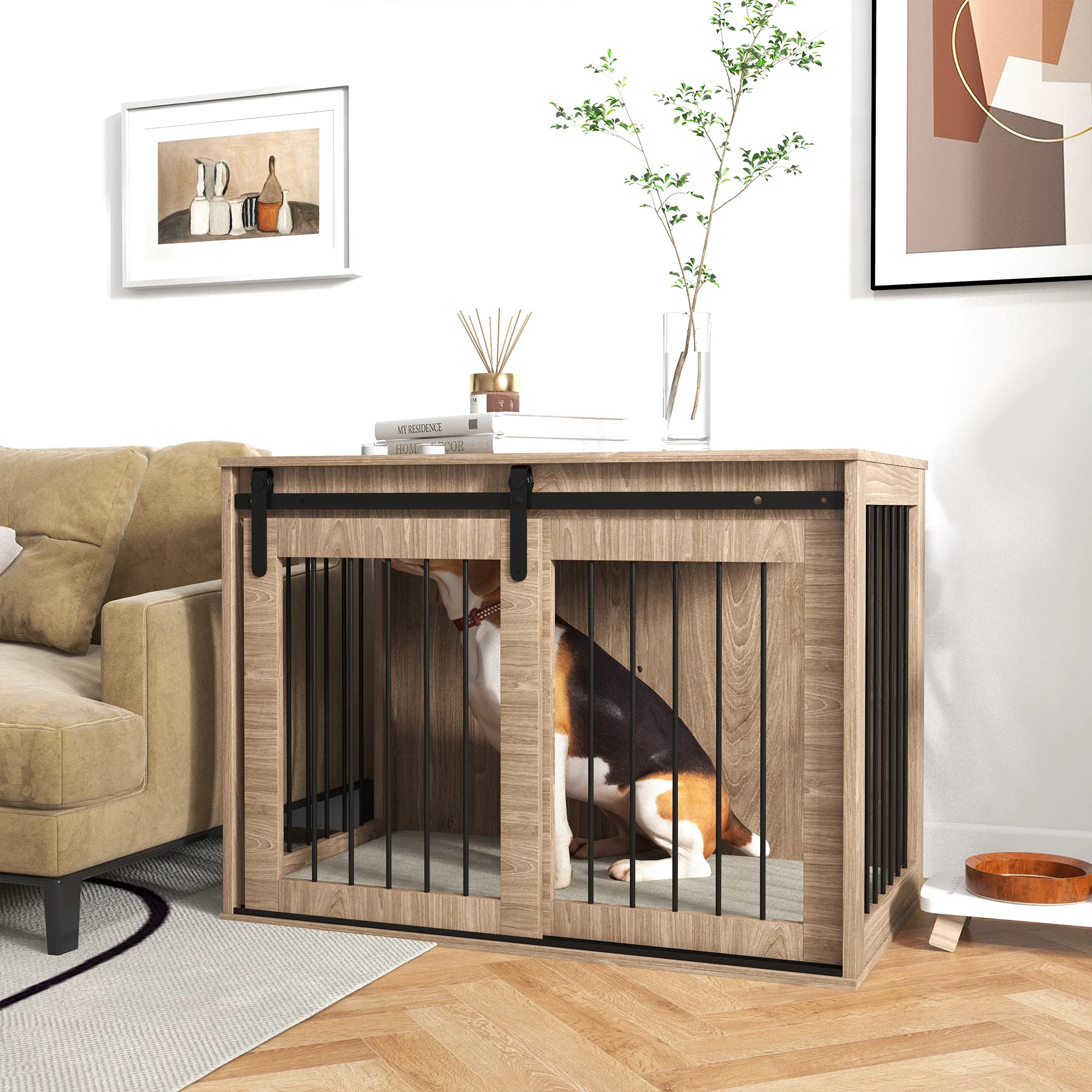 PawHut Dog Crate Furniture with Removable Cushion for Large Dogs - Brown - Image 2
