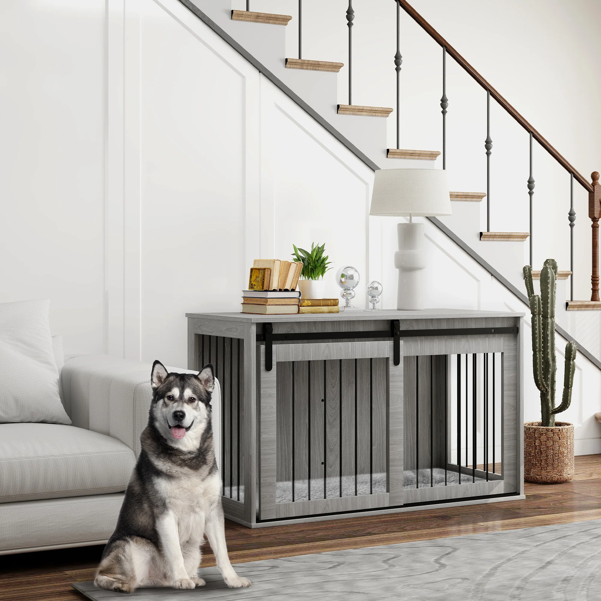 PawHut Dog Crate Furniture with Removable Cushion for XL-sized Dogs - Grey - Image 2