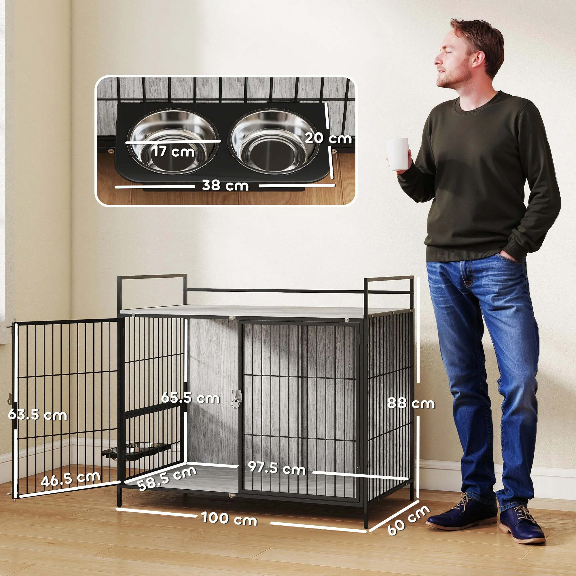 PawHut Dog Crate Furniture With Rotating Bowl Holder For Large Dogs, Grey - Image 5