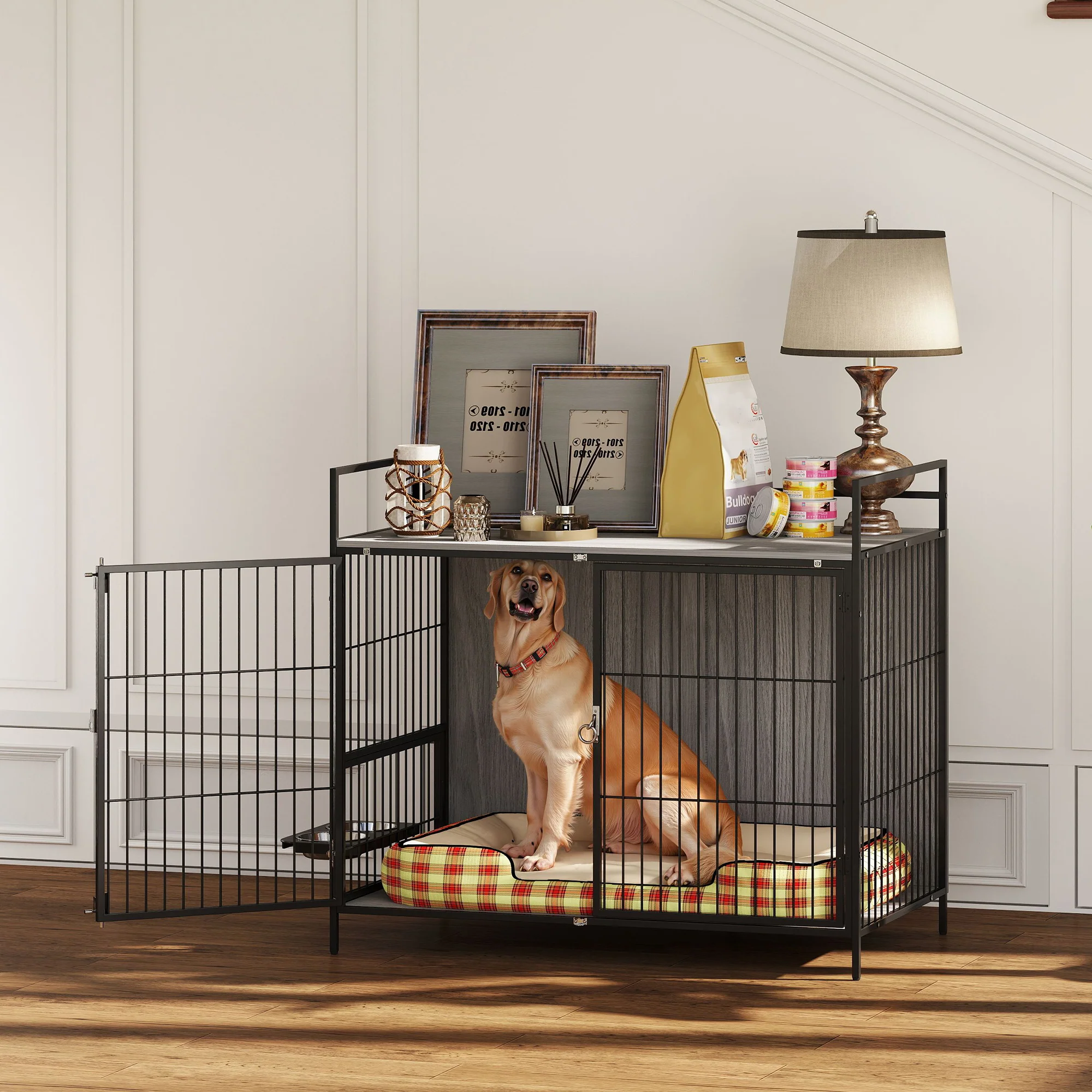 PawHut Dog Crate Furniture With Rotating Bowl Holder For Large Dogs, Grey - Image 8