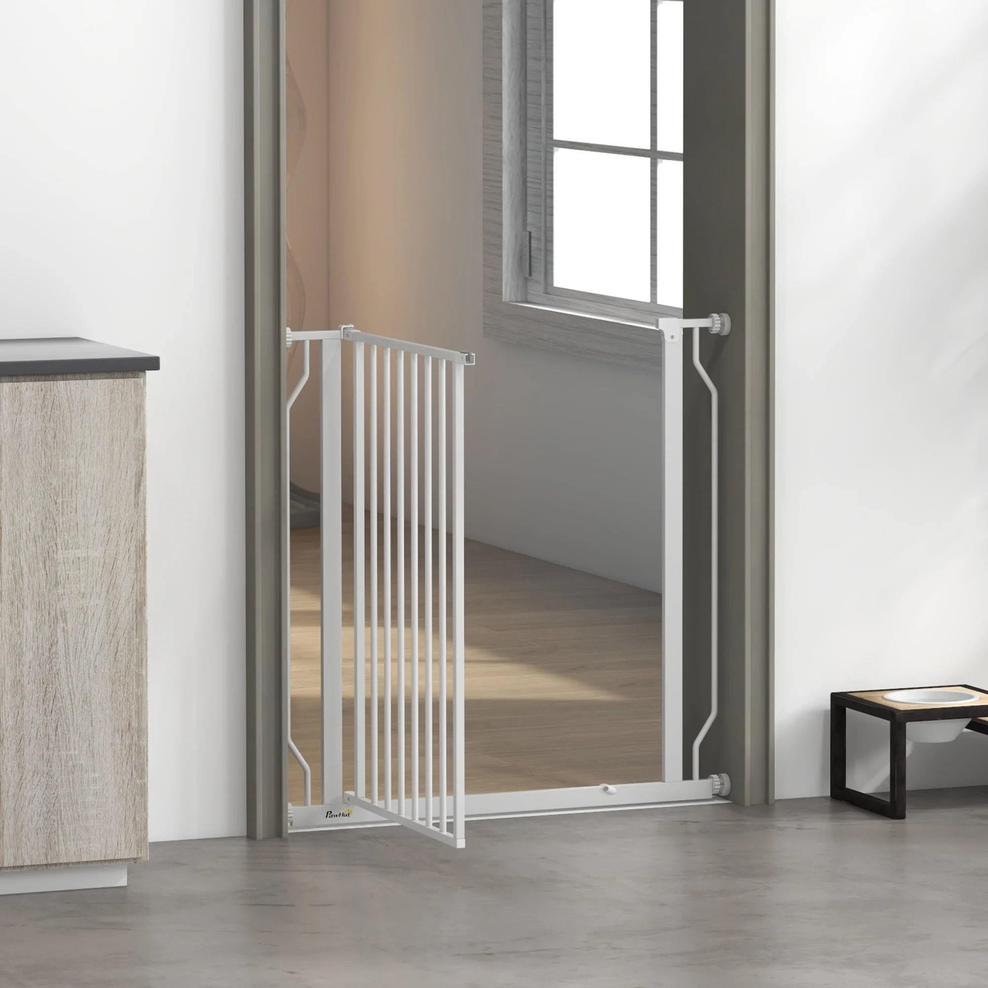 PawHut Dog Gate Wide Stair Gate w/ Door Pressure Fit, 75-85W cm, White - Image 7