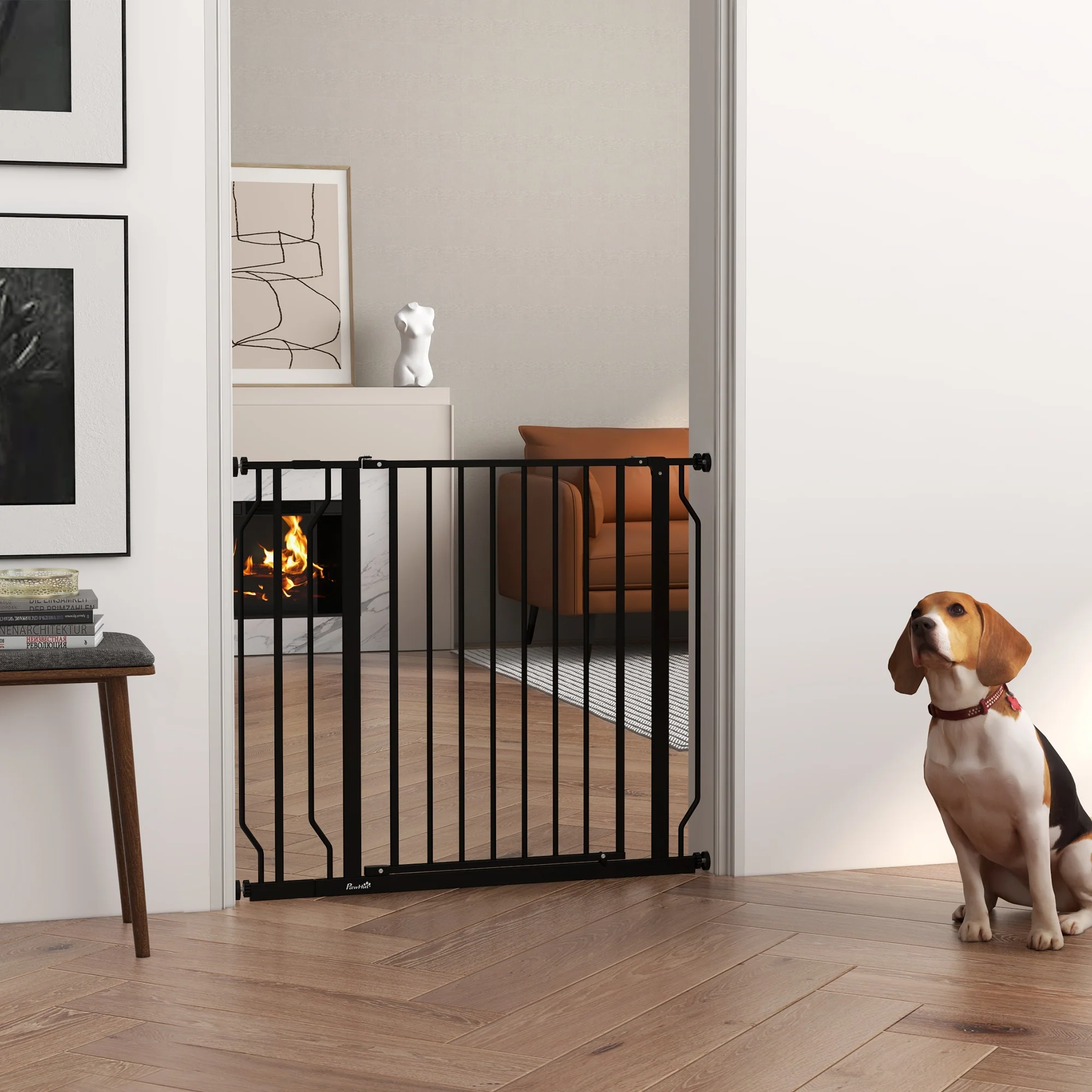 PawHut Dog Gate Wide Stair Gate w/ Door Pressure Fit, 75-95W cm, Black - Image 2