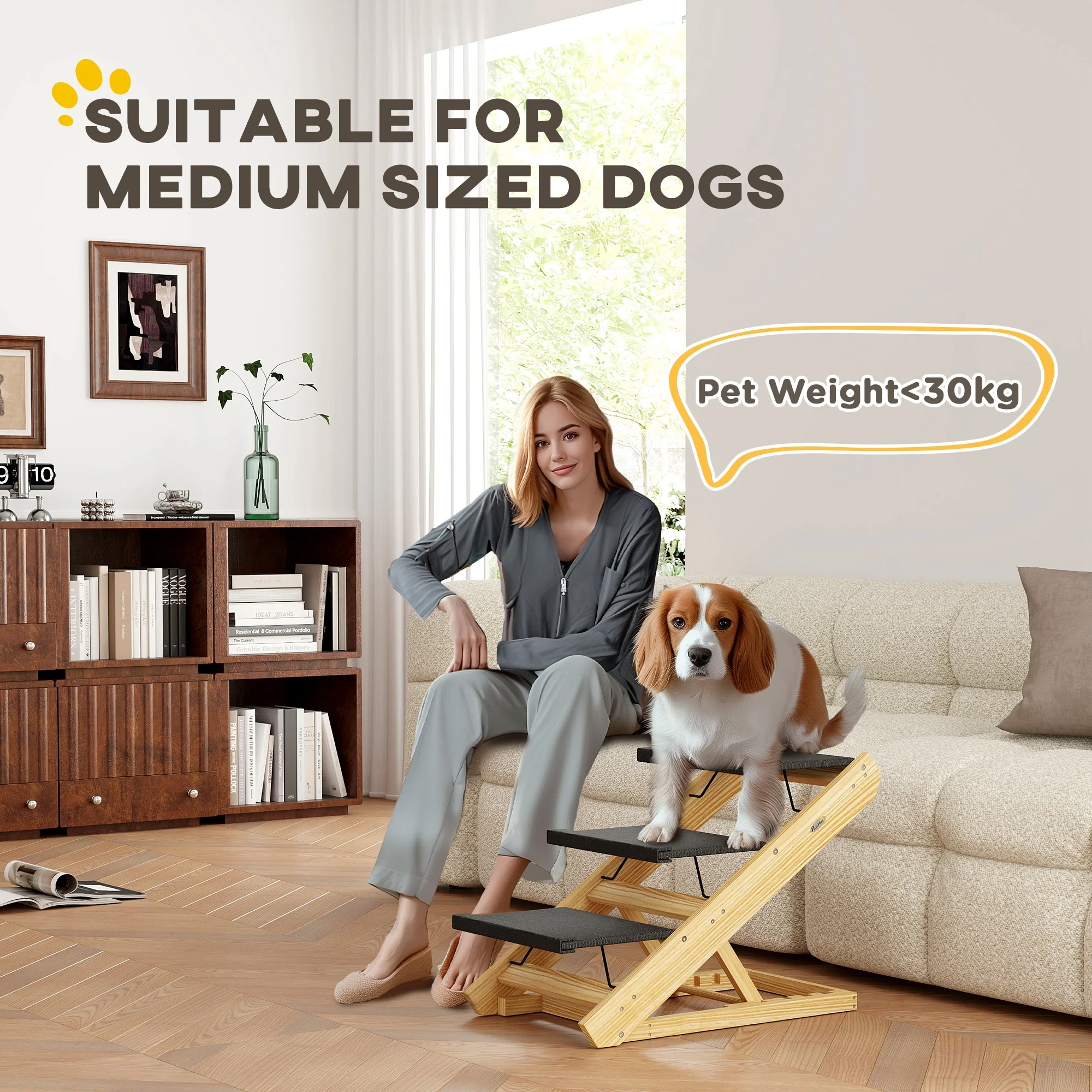 PawHut Dog Steps Dog Ramp, 3-Step Adjustable Height Pet Stairs for Medium Dogs - Image 3