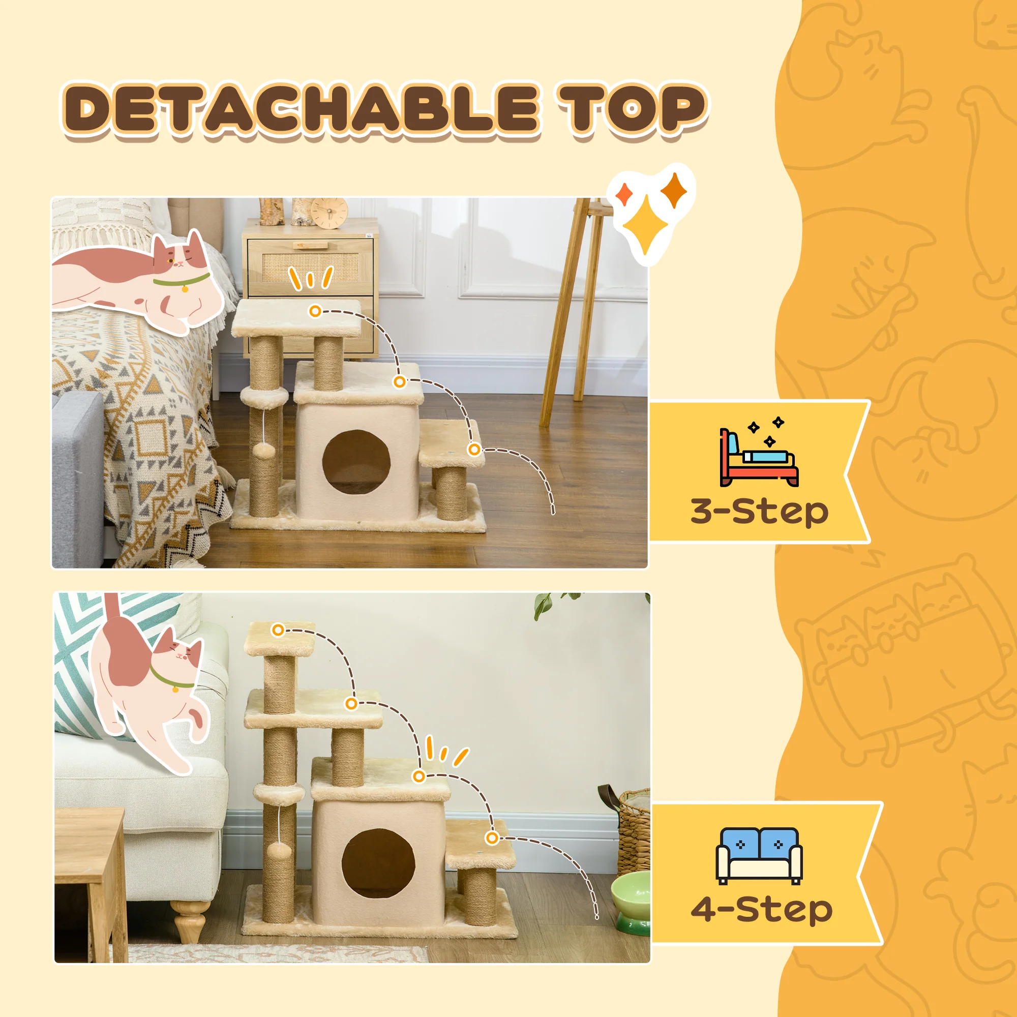 PawHut Cat Steps For Bed 4 Step Pet Stairs Cat House With Detachable Cover - Image 3