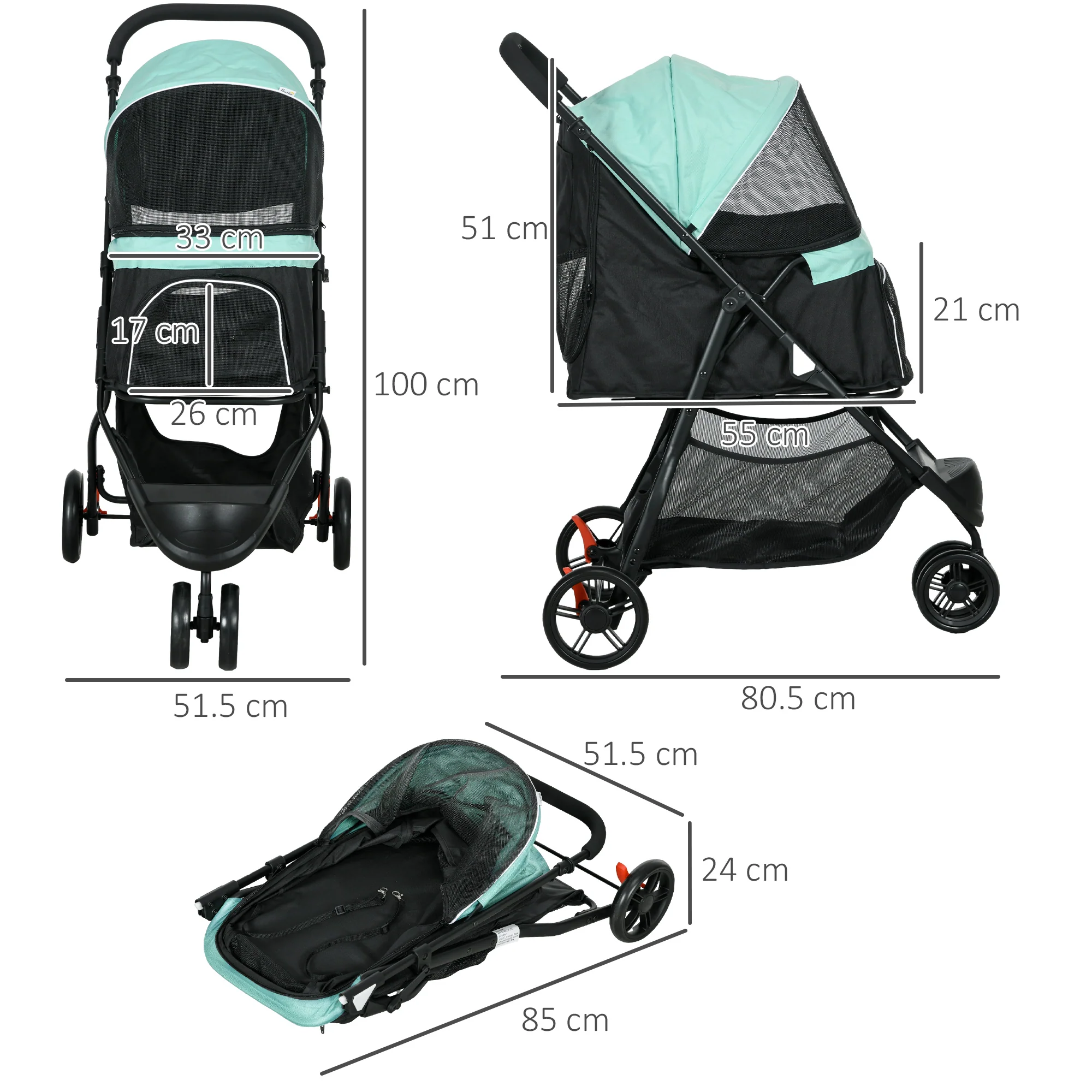 PawHut Dog Stroller For XS Dogs, S Dogs, Cats With Rain Cover - Image 14