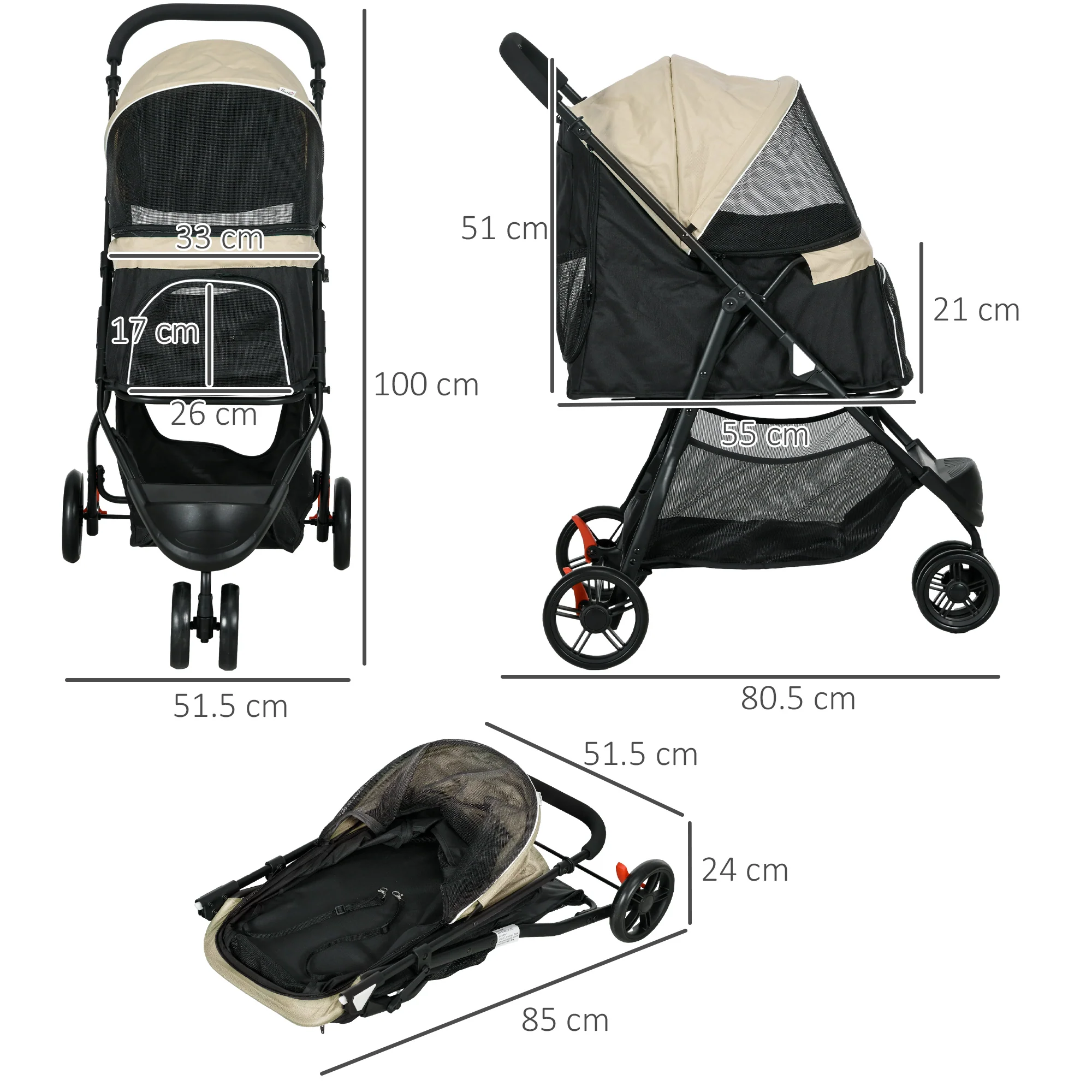 PawHut Dog Stroller For XS Dogs, S Dogs, Cats With Rain Cover - Image 23
