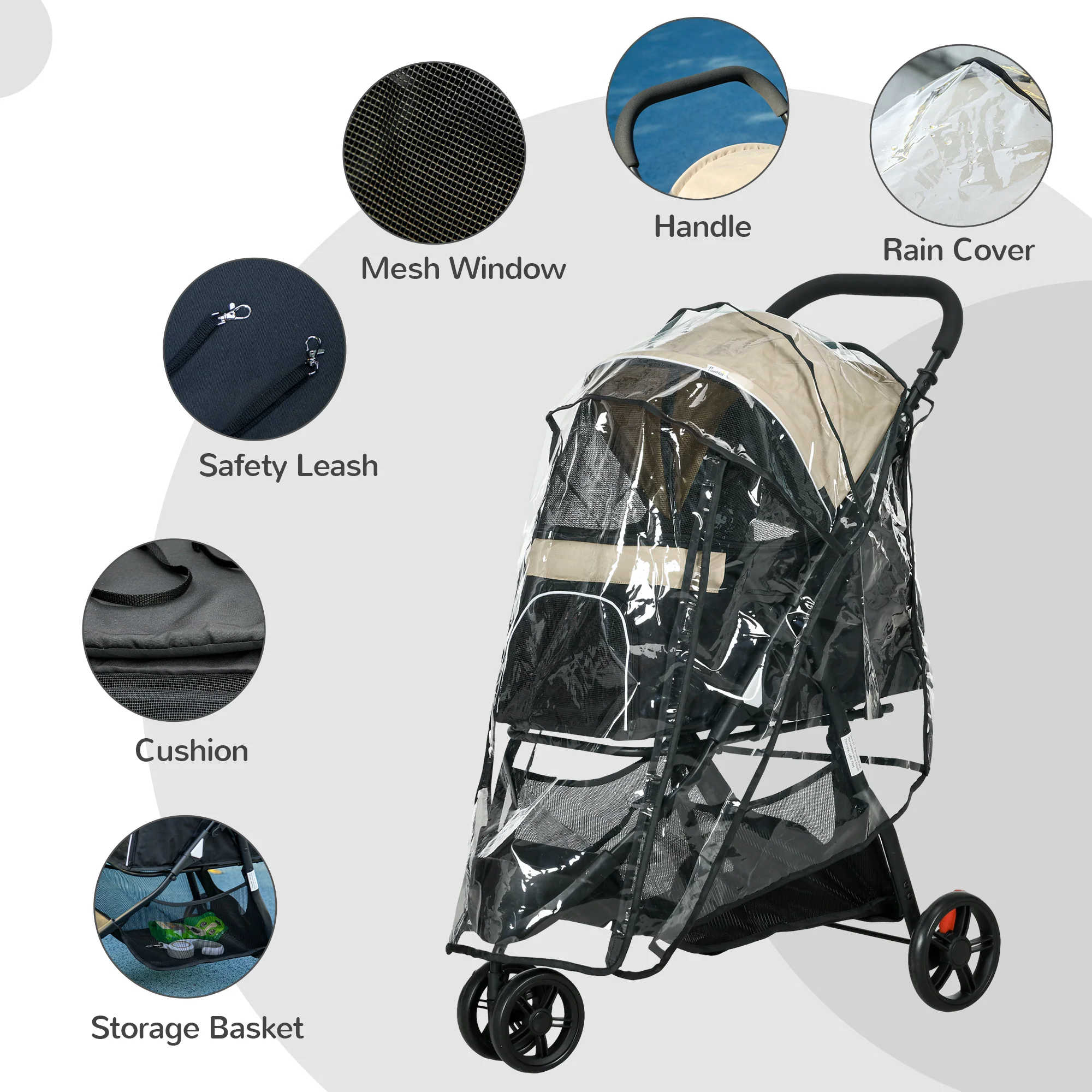 PawHut Dog Stroller For XS Dogs, S Dogs, Cats With Rain Cover - Image 25