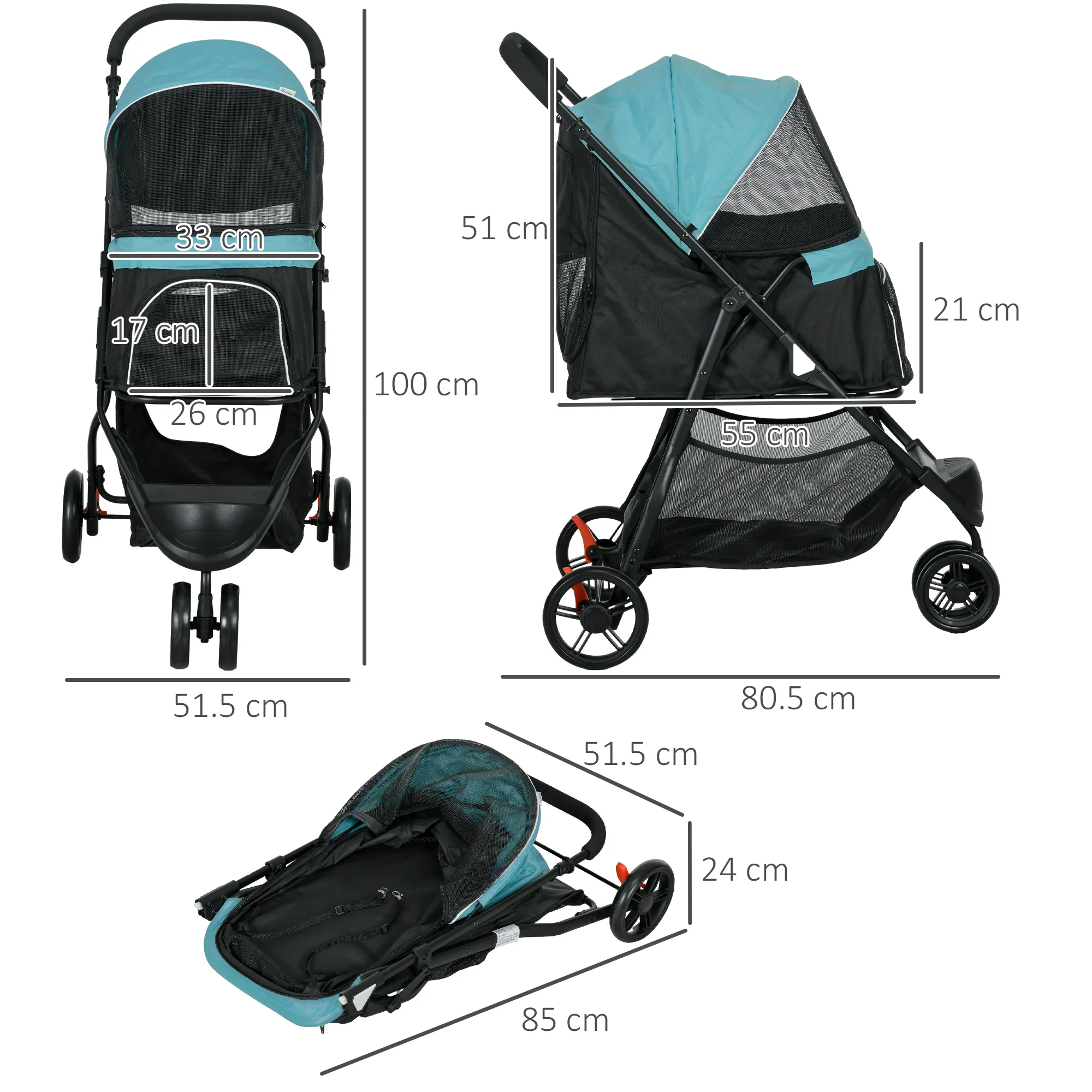 PawHut Dog Stroller For XS Dogs, S Dogs, Cats With Rain Cover - Image 5
