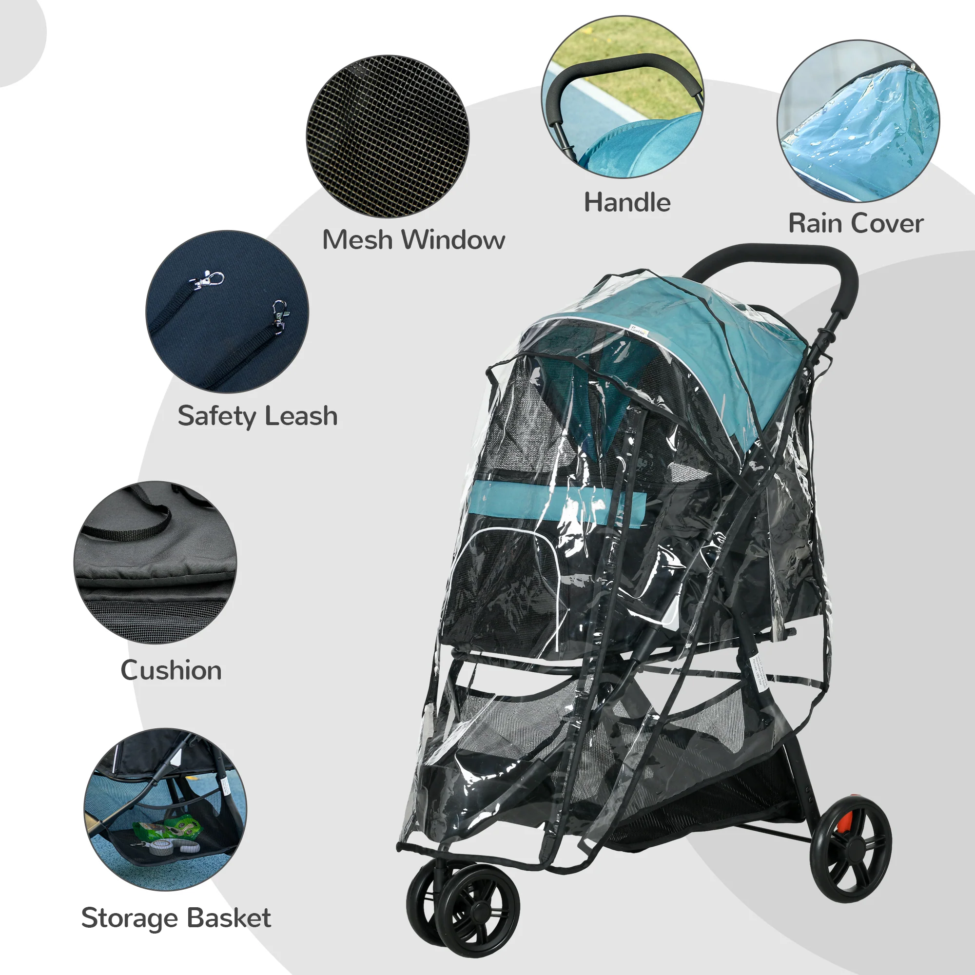 PawHut Dog Stroller For XS Dogs, S Dogs, Cats With Rain Cover - Image 7