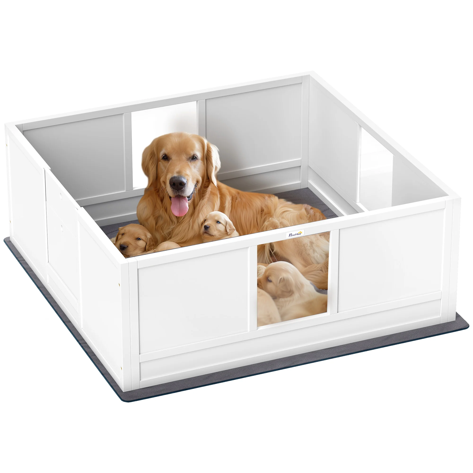 PawHut Dog Whelping Box with Whelping Pad, Adjustable Entrance - White - Image 10