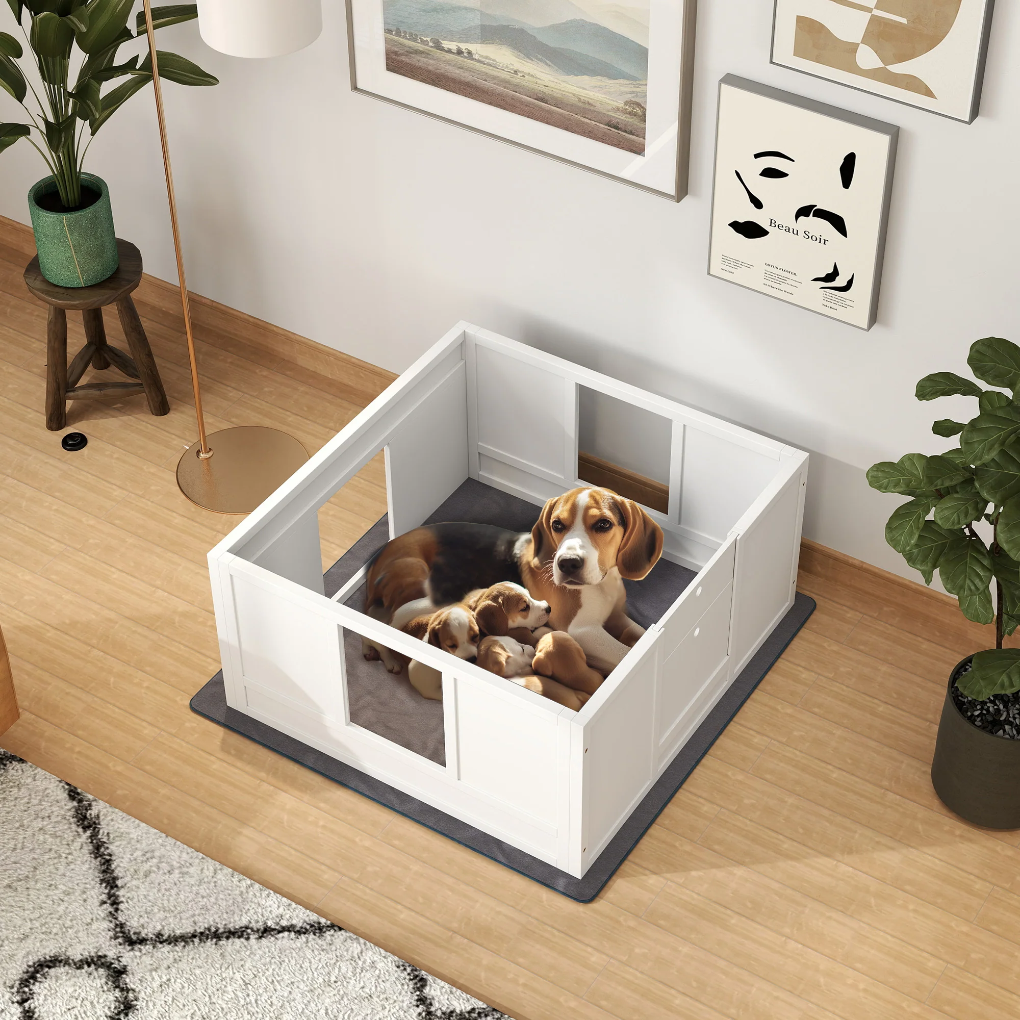 PawHut Dog Whelping Box with Whelping Pad, Adjustable Entrance - White - Image 2