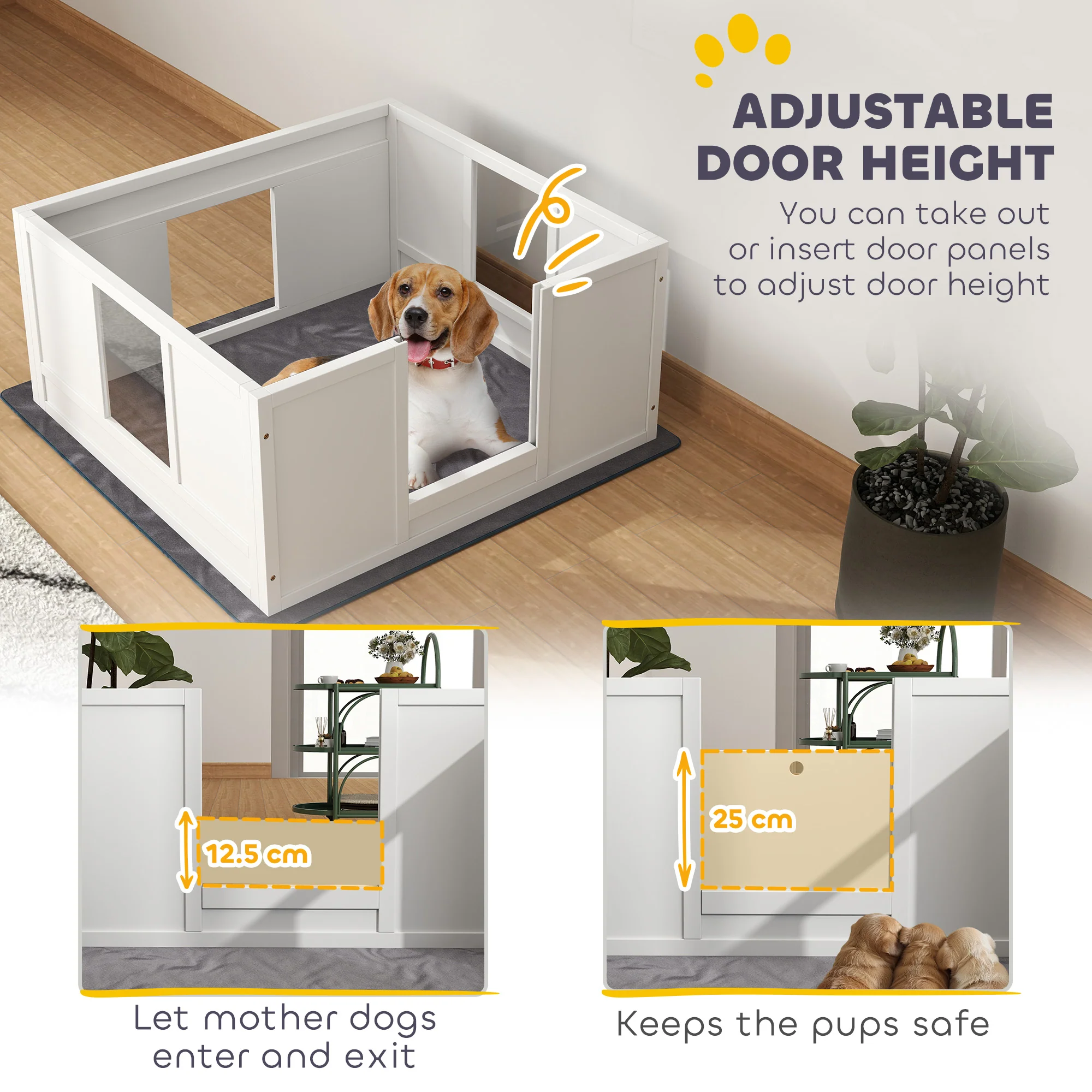 PawHut Dog Whelping Box with Whelping Pad, Adjustable Entrance - White - Image 4