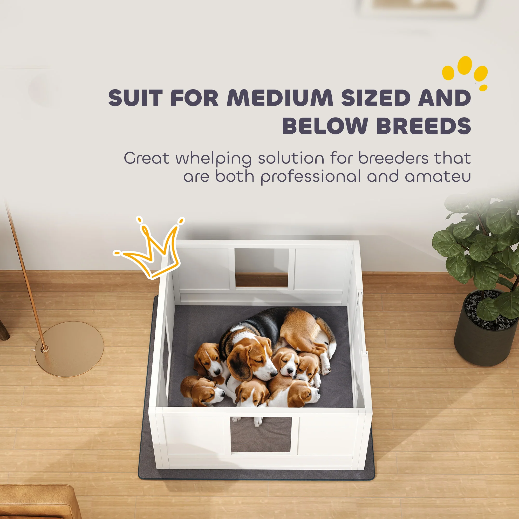 PawHut Dog Whelping Box with Whelping Pad, Adjustable Entrance - White - Image 8