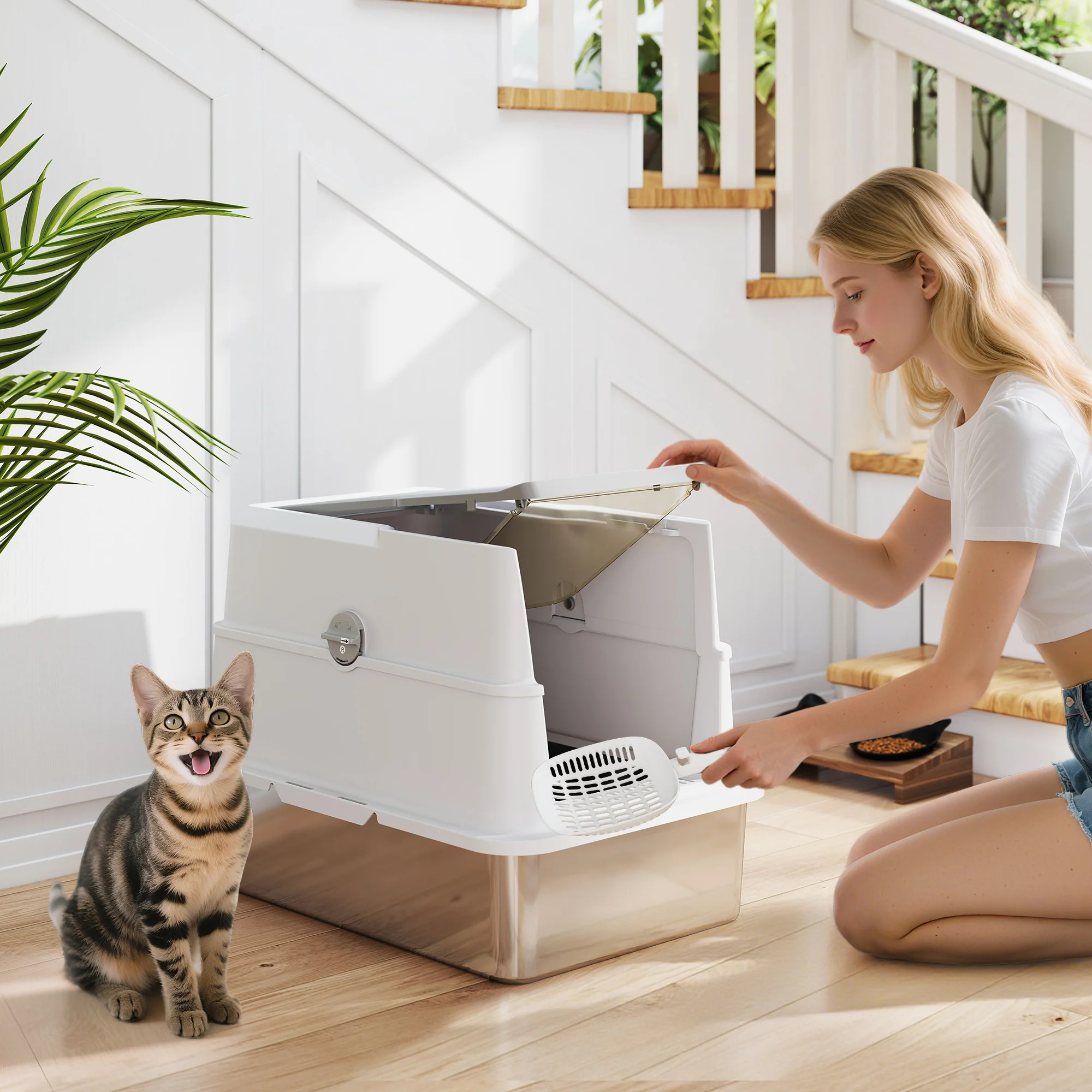 PawHut Extra Large Stainless Steel Cat Litter Tray With Scoop, Flip Top - Image 2