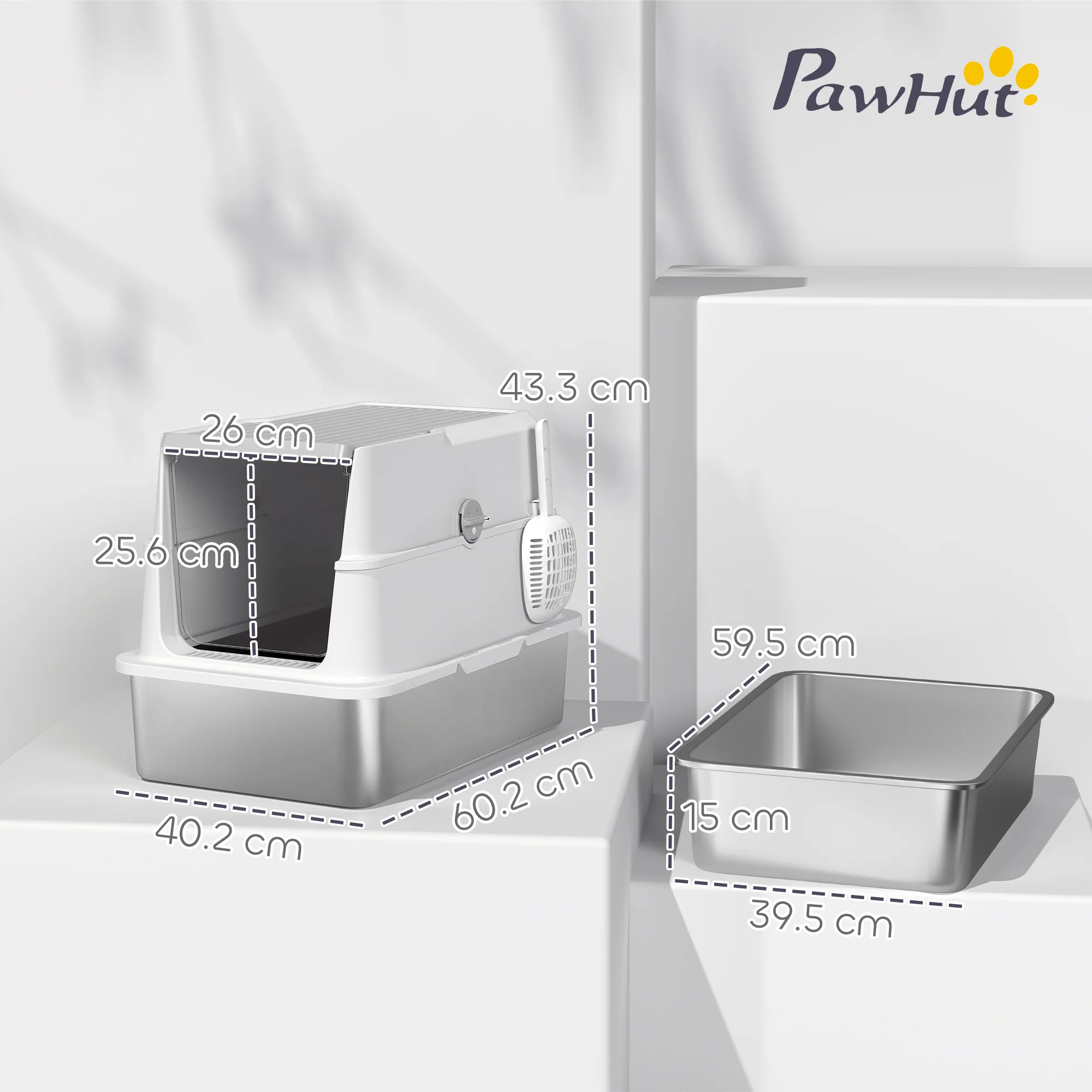 PawHut Extra Large Stainless Steel Cat Litter Tray With Scoop, Flip Top - Image 5