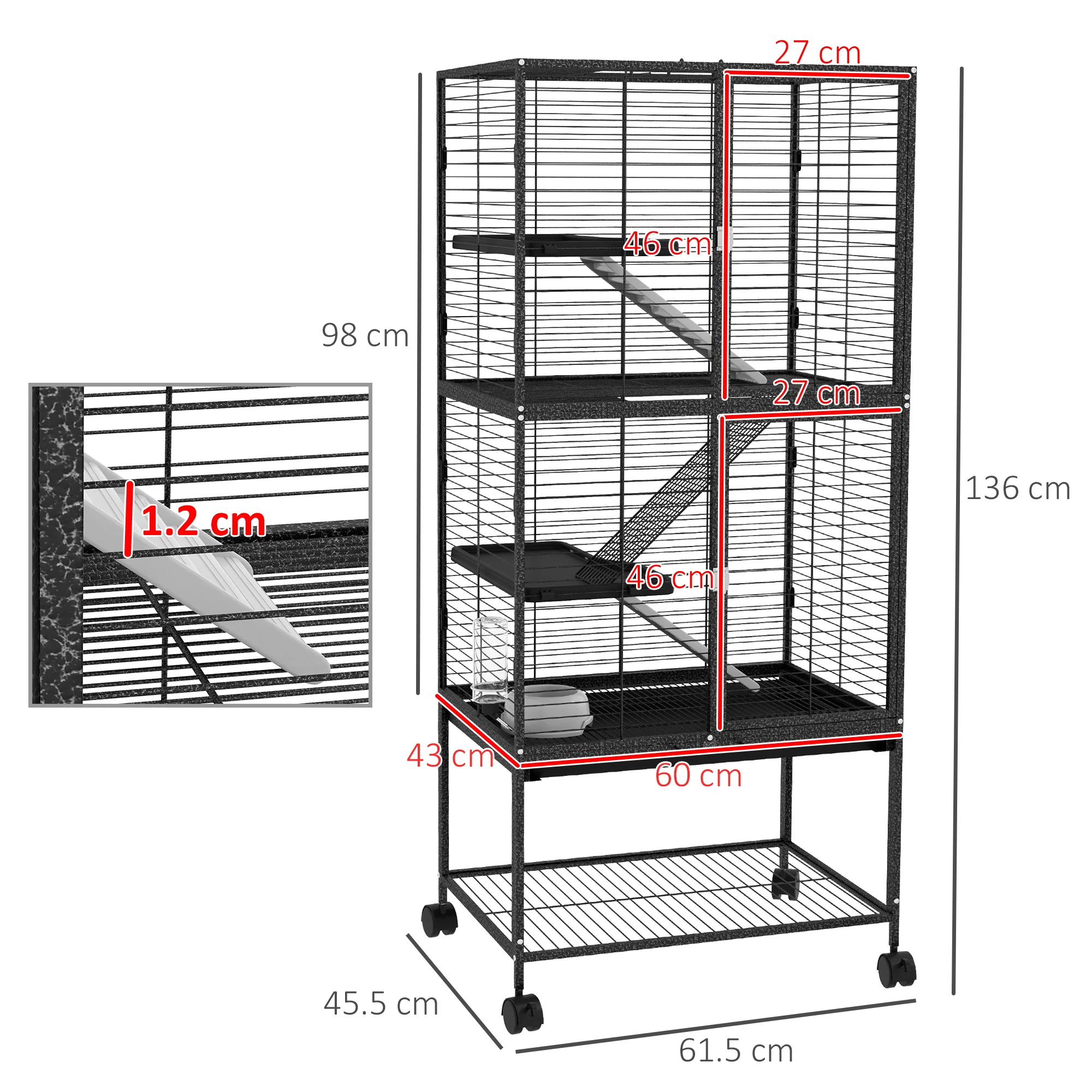PawHut Ferret Cage 136cm Rolling Small Animal Cage w/ 3 Doors, Storage Shelf - Image 5