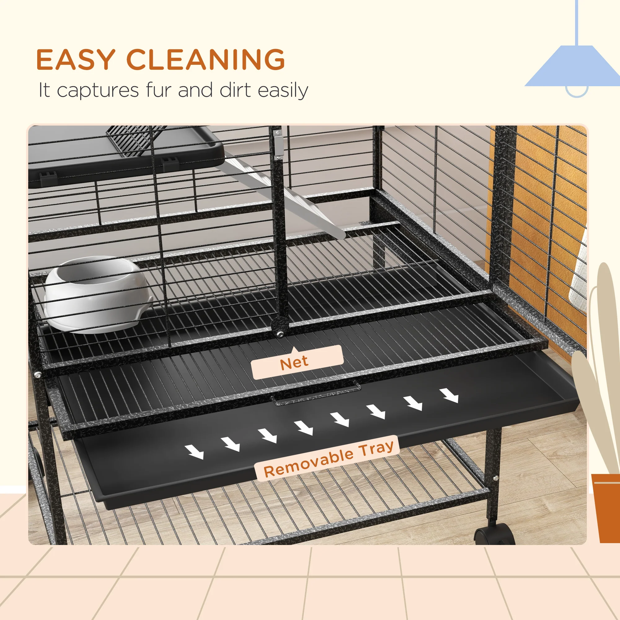 PawHut Ferret Cage 136cm Rolling Small Animal Cage w/ 3 Doors, Storage Shelf - Image 8