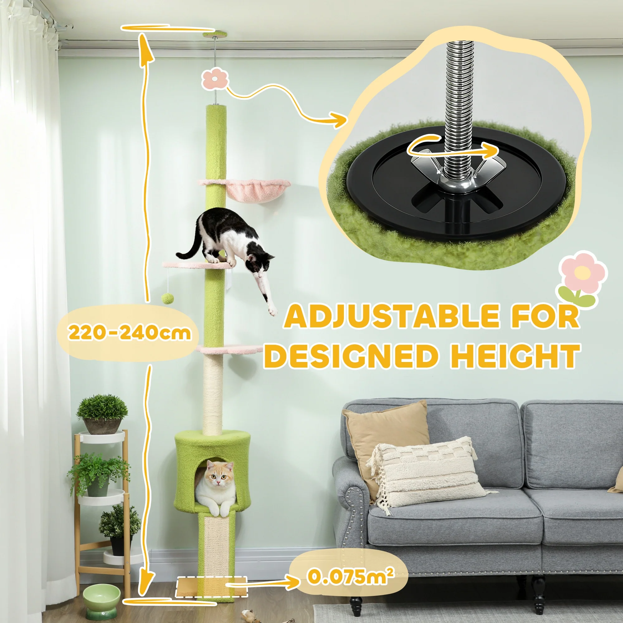 PawHut Floor To Ceiling Cat Tree Adjustable Height 220-240 Cm Cat Tower - Image 3