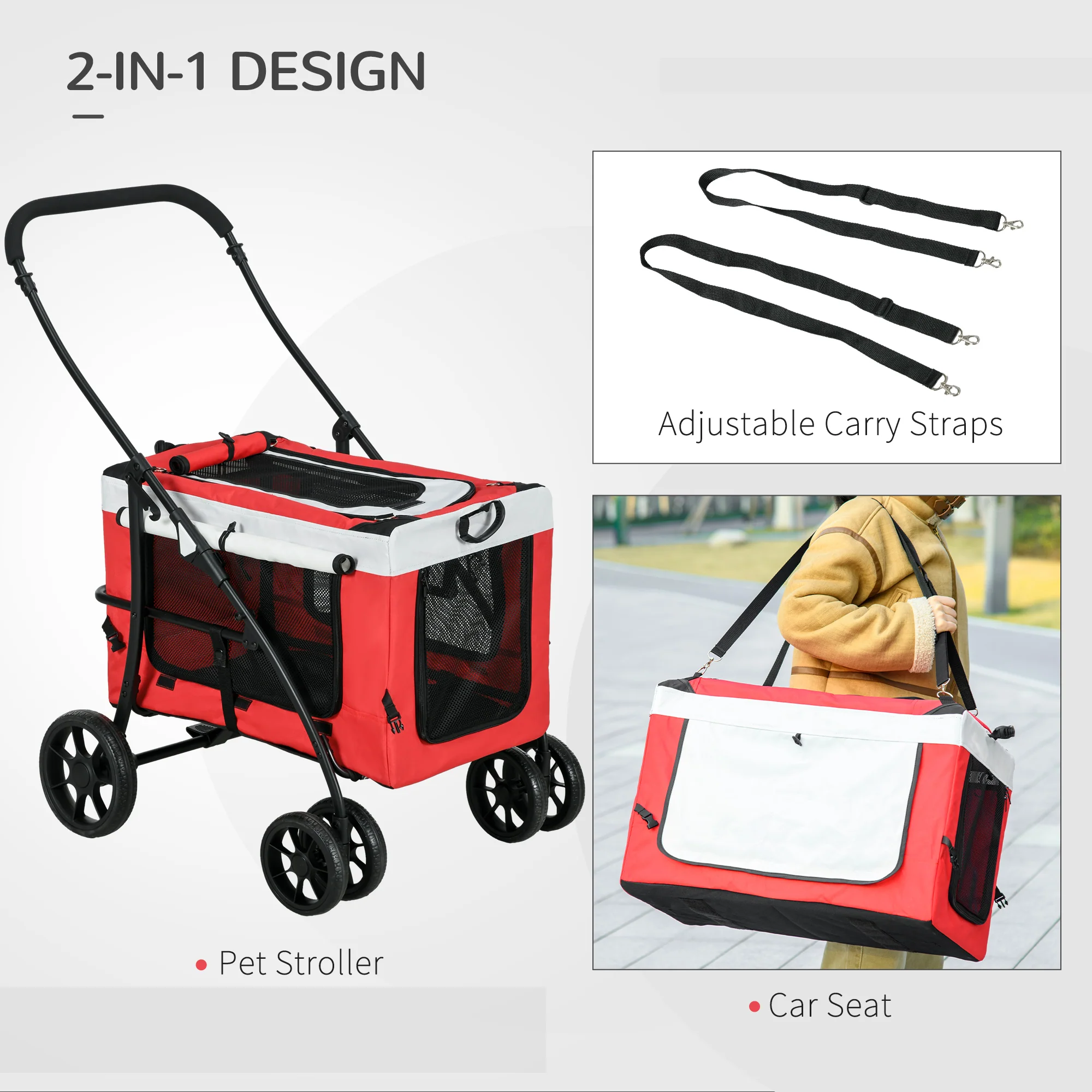 PawHut Foldable Pet Stroller W/ Detachable Carrier, Soft Padding - Image 13