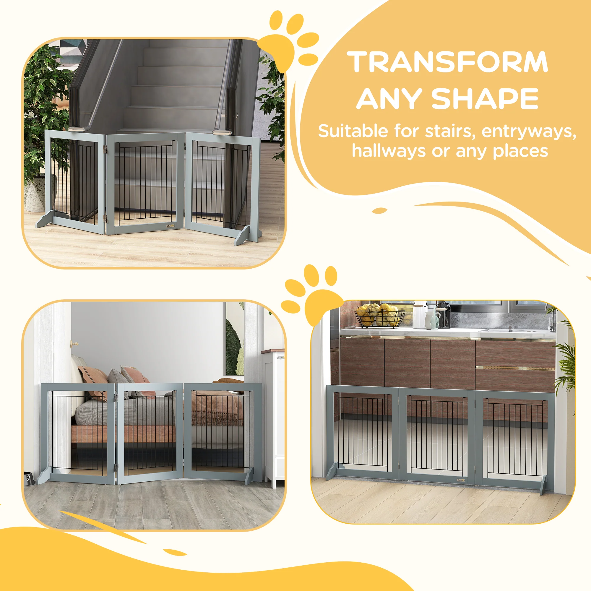 PawHut Foldable Wooden Pet Gate w/ 3 Panels 2 Support Feet for Small Dogs - Image 3