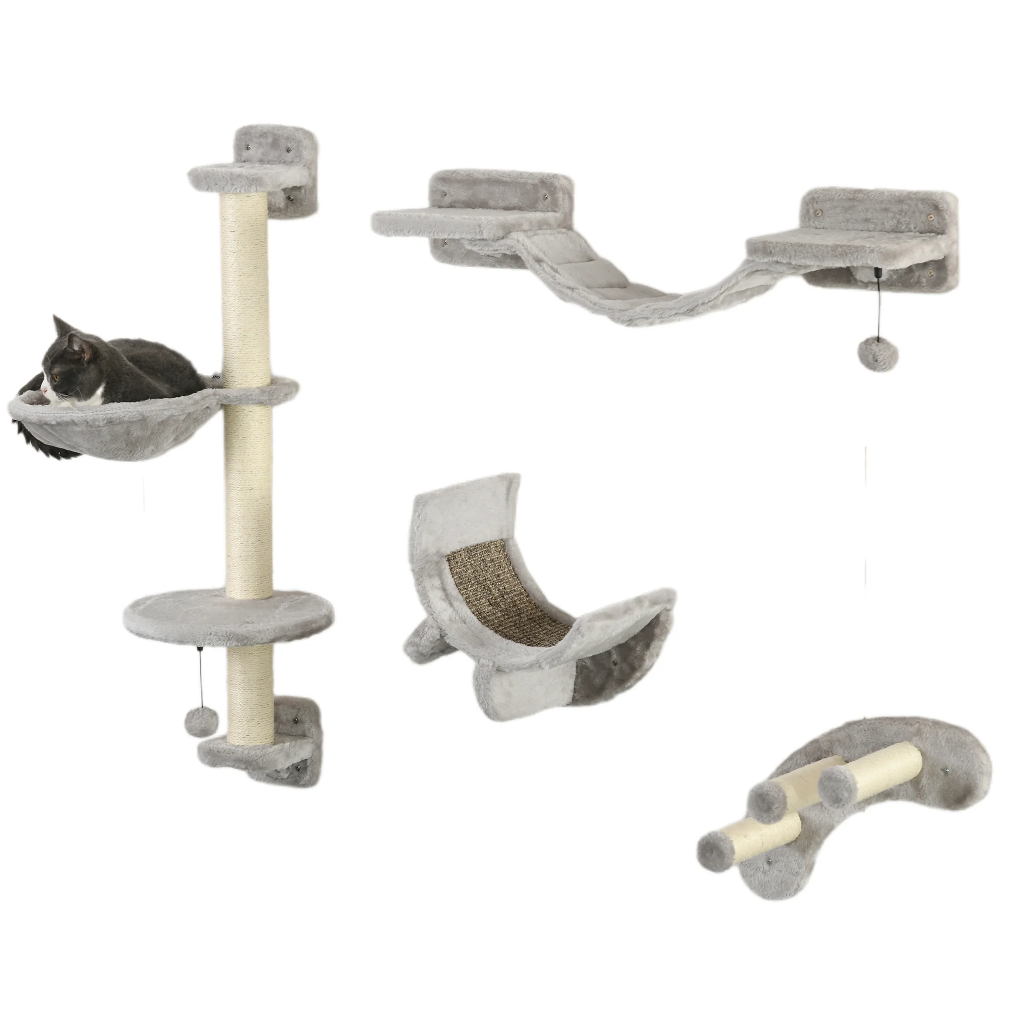 PawHut Four-Piece Cat Wall Furniture W/ Hammock, Ladder, Platforms, Steps - Grey