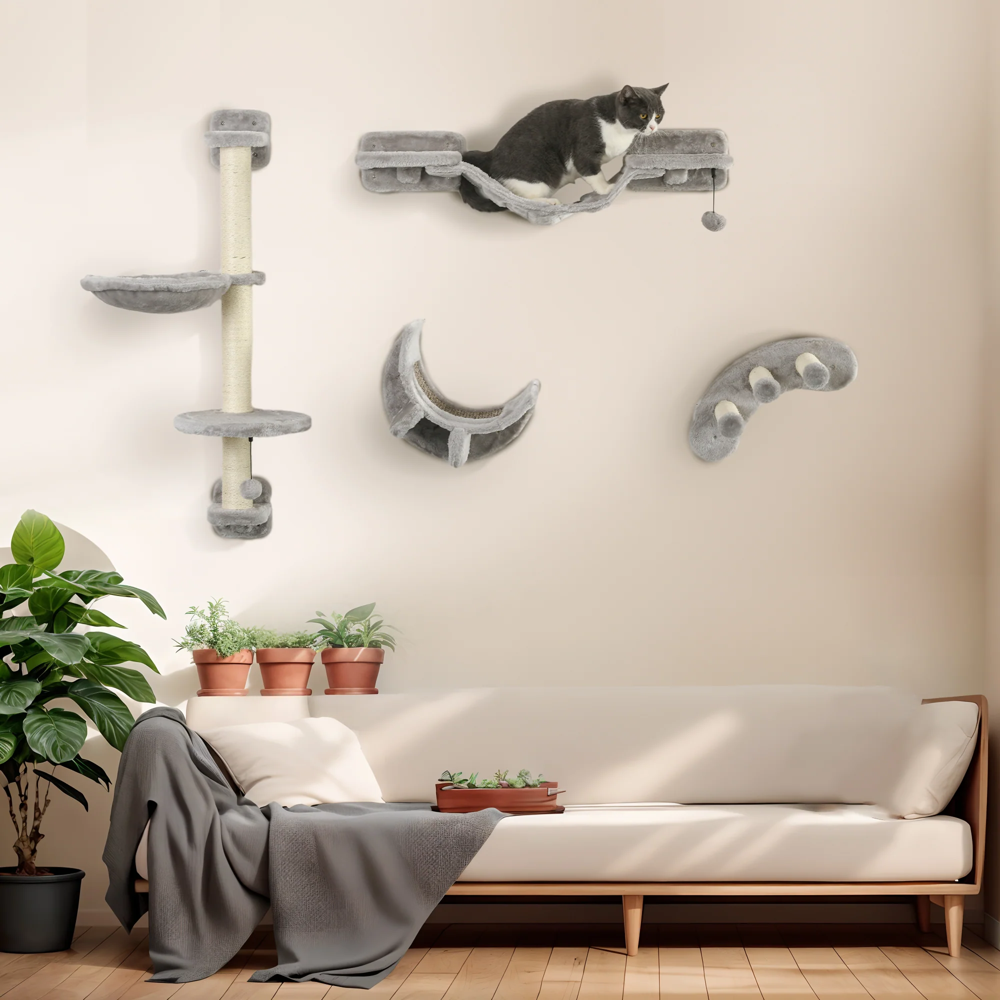 PawHut Four-Piece Cat Wall Furniture W/ Hammock, Ladder, Platforms, Steps - Grey - Image 2