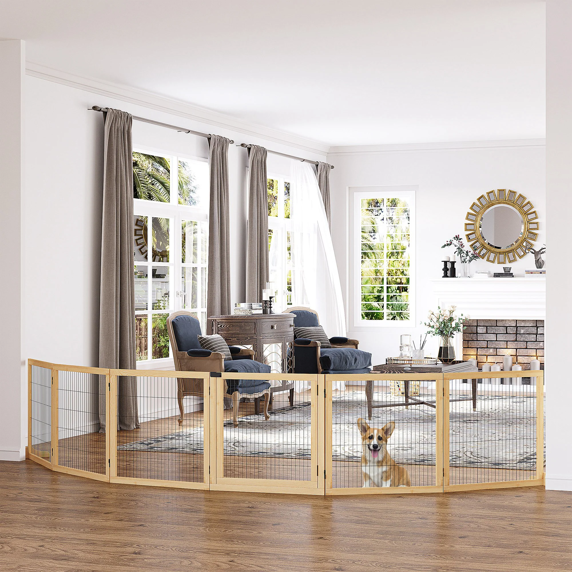 PawHut Freestanding Pet Dog Gate, Six-Panel Foldable Wooden Playpen, 432cm - Image 2