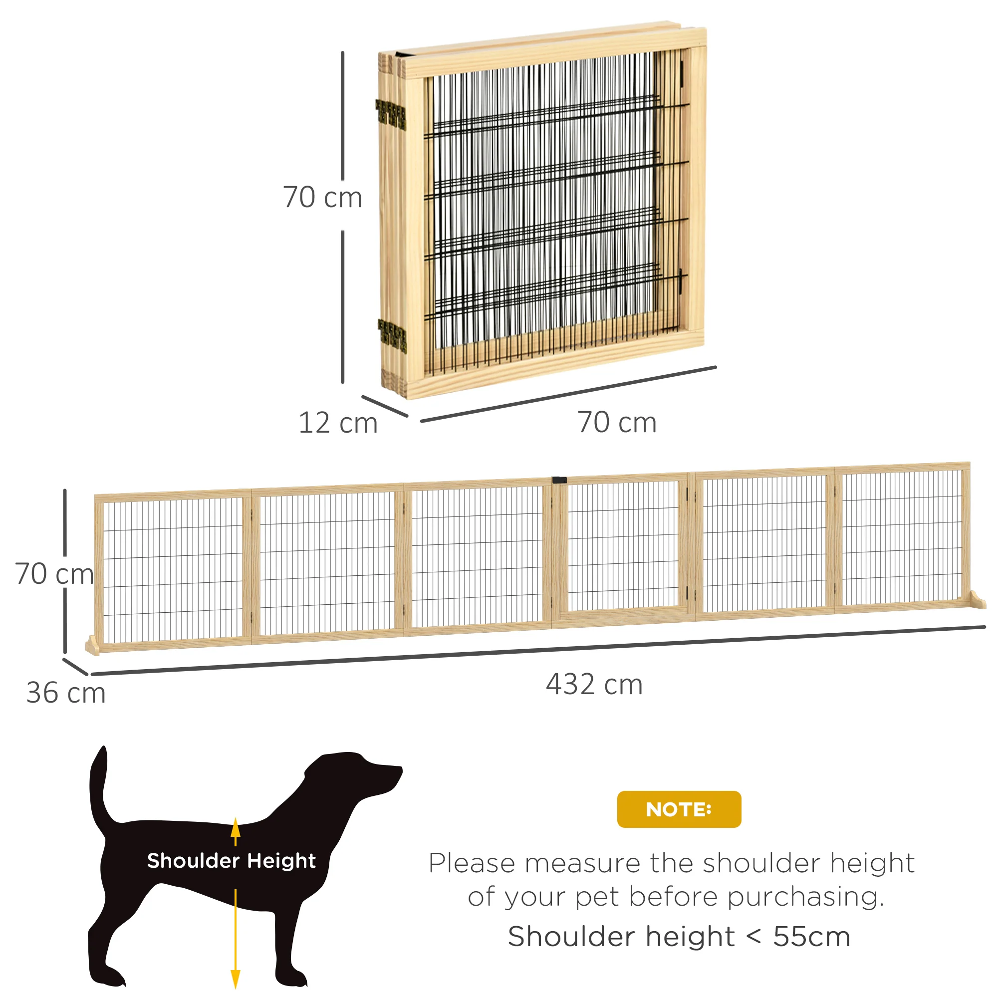 PawHut Freestanding Pet Dog Gate, Six-Panel Foldable Wooden Playpen, 432cm - Image 5