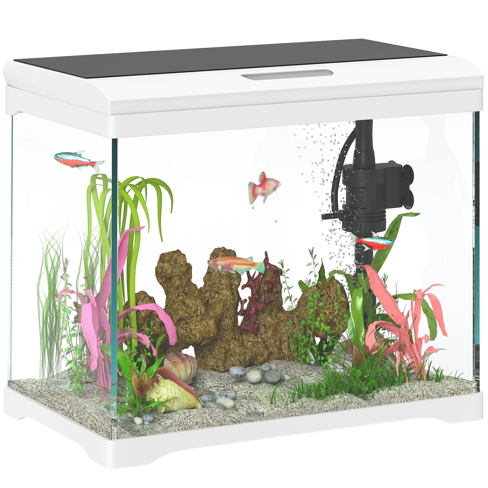 PawHut Glass Fish Tank with Filter System, LED Light, Water Pump, White