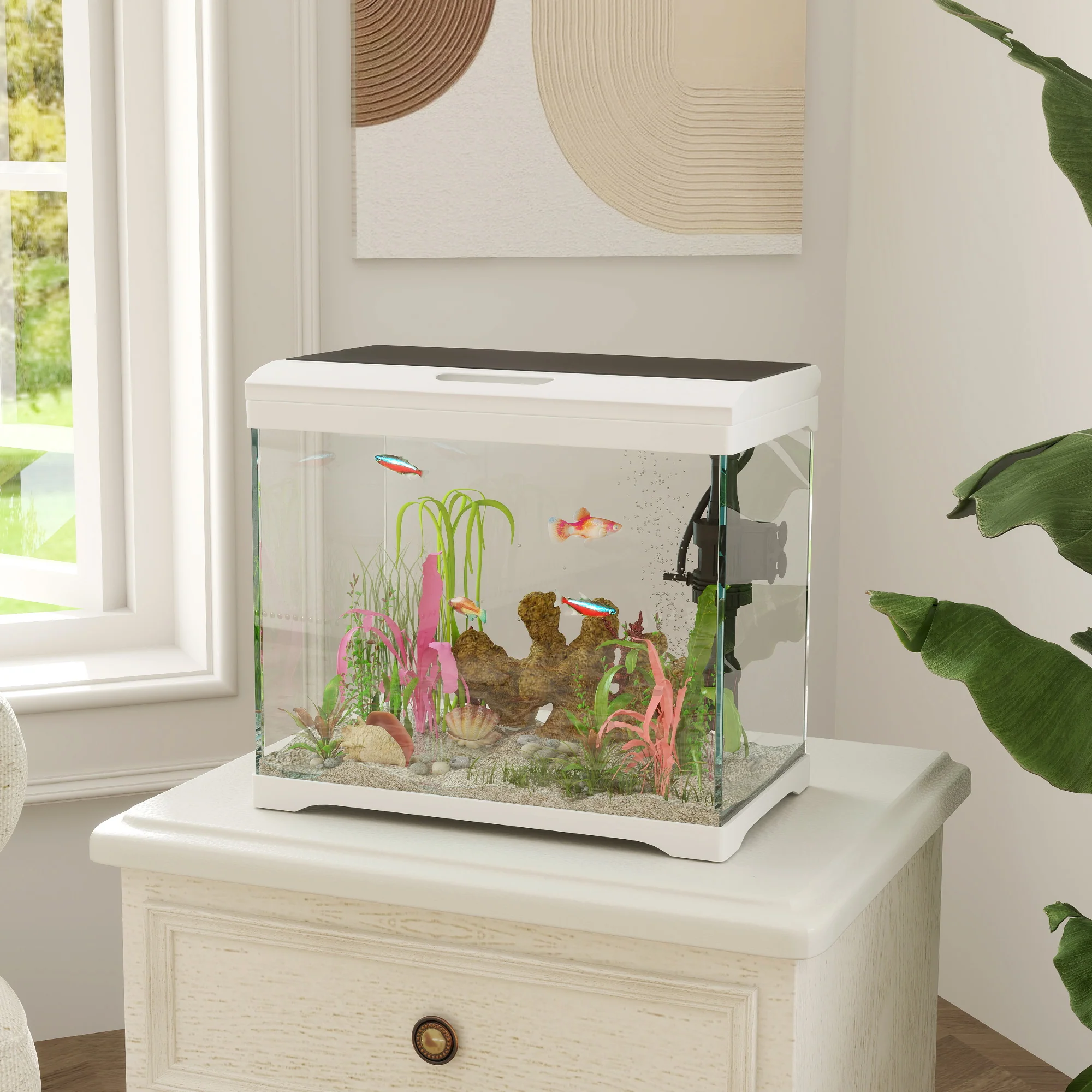 PawHut Glass Fish Tank with Filter System, LED Light, Water Pump, White - Image 2