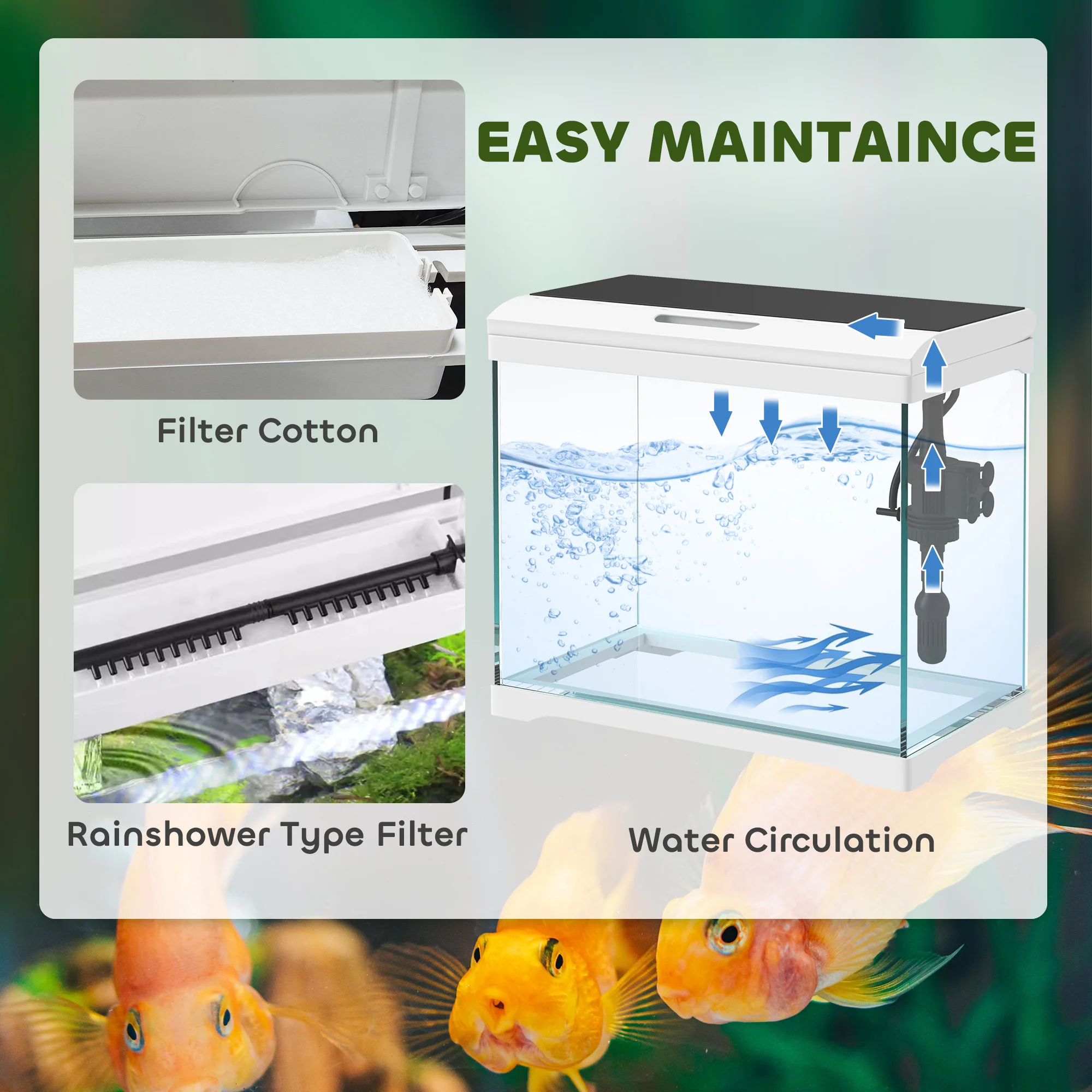 PawHut Glass Fish Tank with Filter System, LED Light, Water Pump, White - Image 3