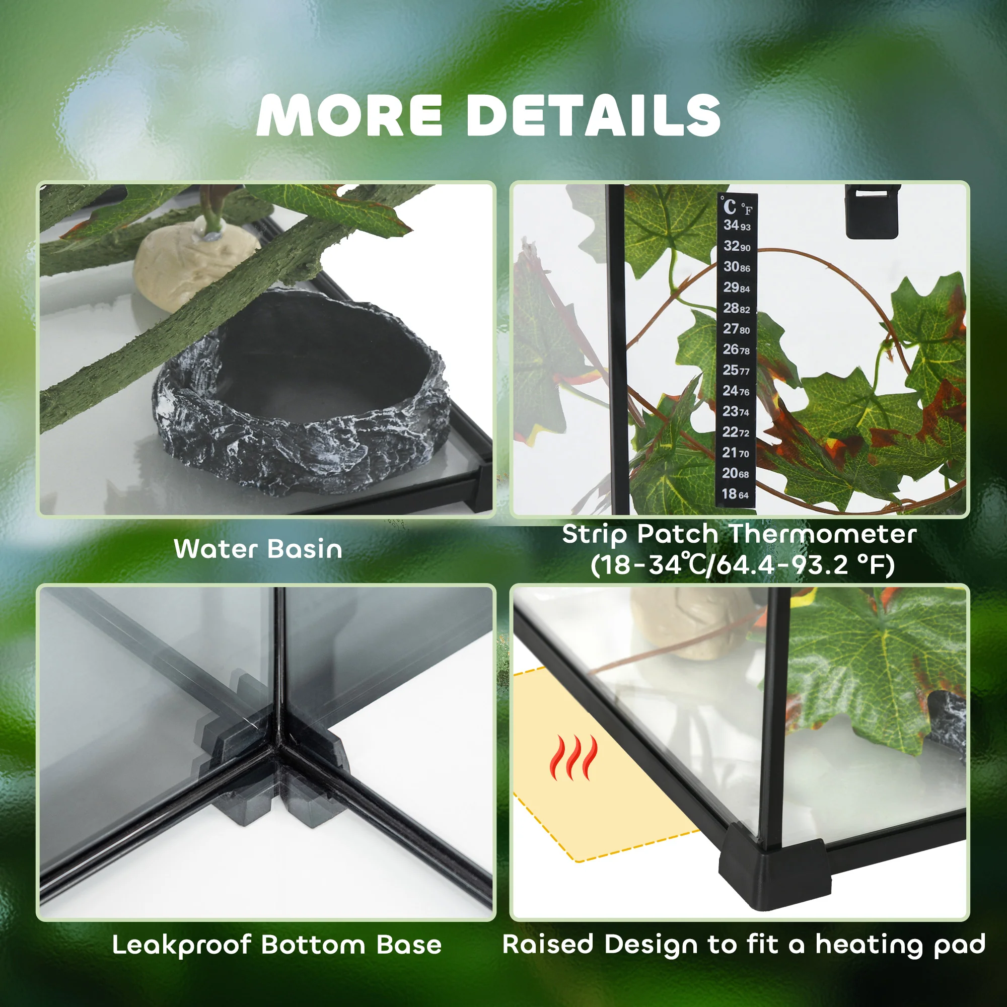 PawHut Glass Reptile Terrarium with Thermometer, Decor Kit, Heated - Black - Image 15