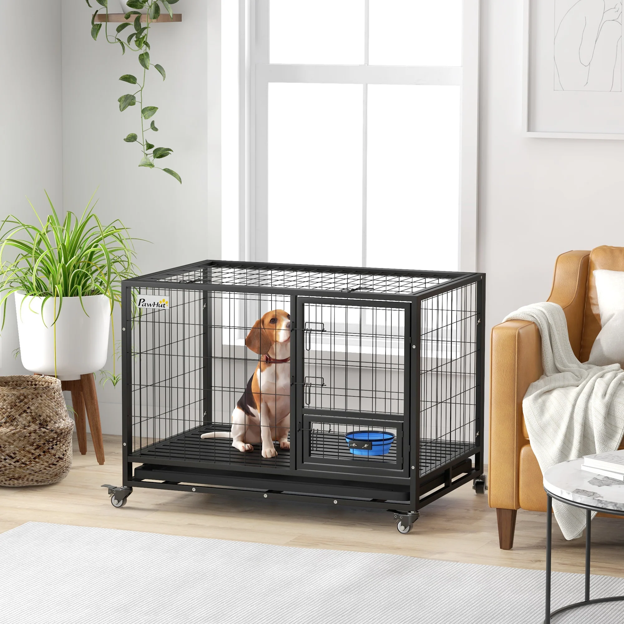 PawHut Heavy Duty Dog Crate On Wheels W/ Bowl Holder, Removable Tray - Image 11