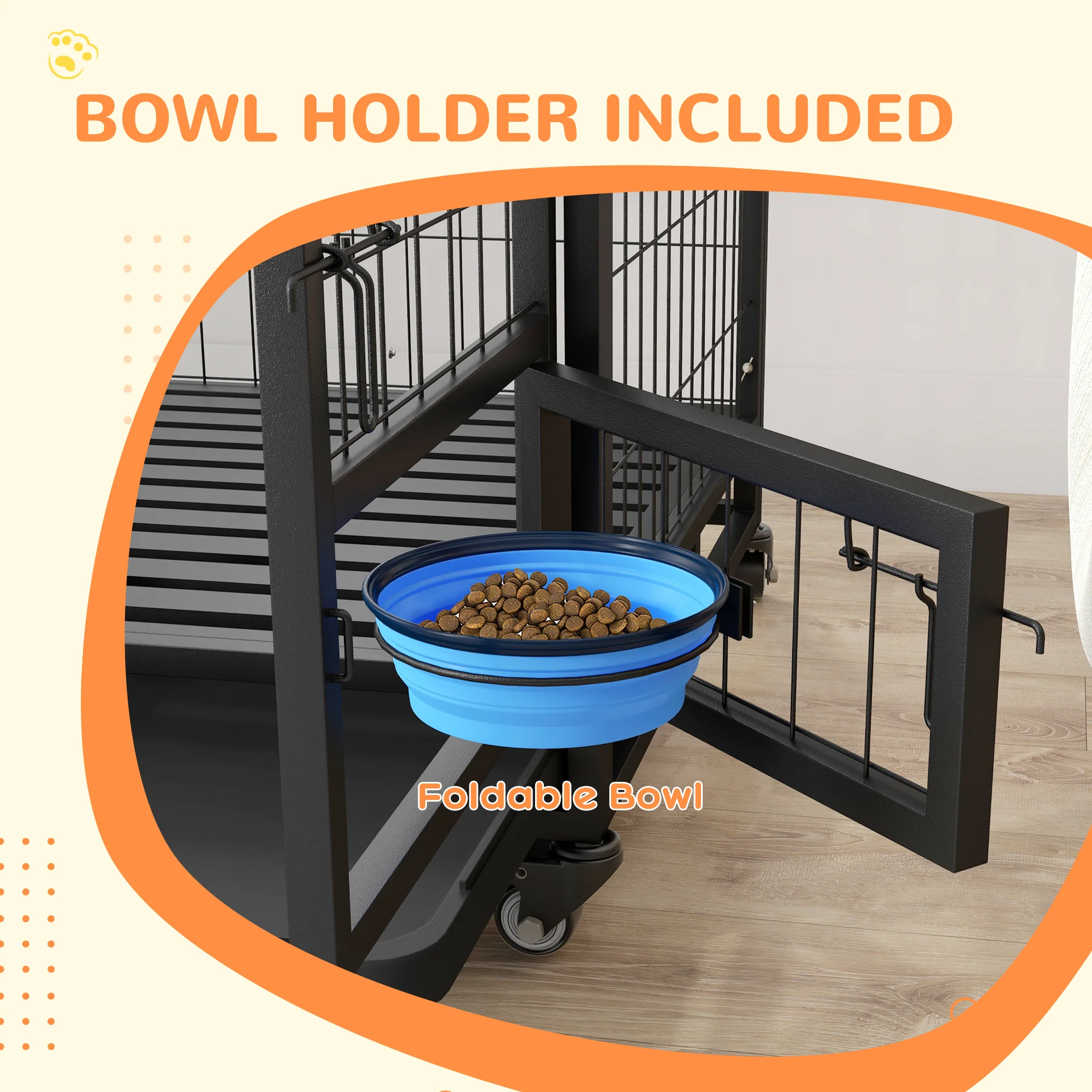 PawHut Heavy Duty Dog Crate On Wheels W/ Bowl Holder, Removable Tray - Image 13