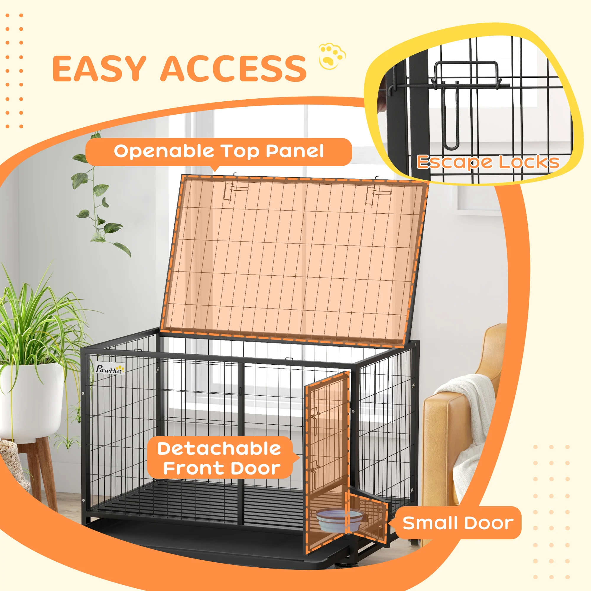 PawHut Heavy Duty Dog Crate On Wheels W/ Bowl Holder, Removable Tray - Image 15