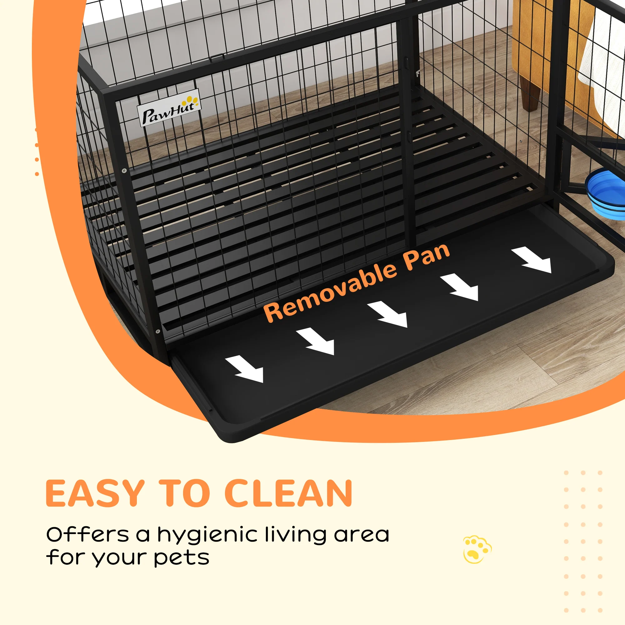 PawHut Heavy Duty Dog Crate On Wheels W/ Bowl Holder, Removable Tray - Image 17