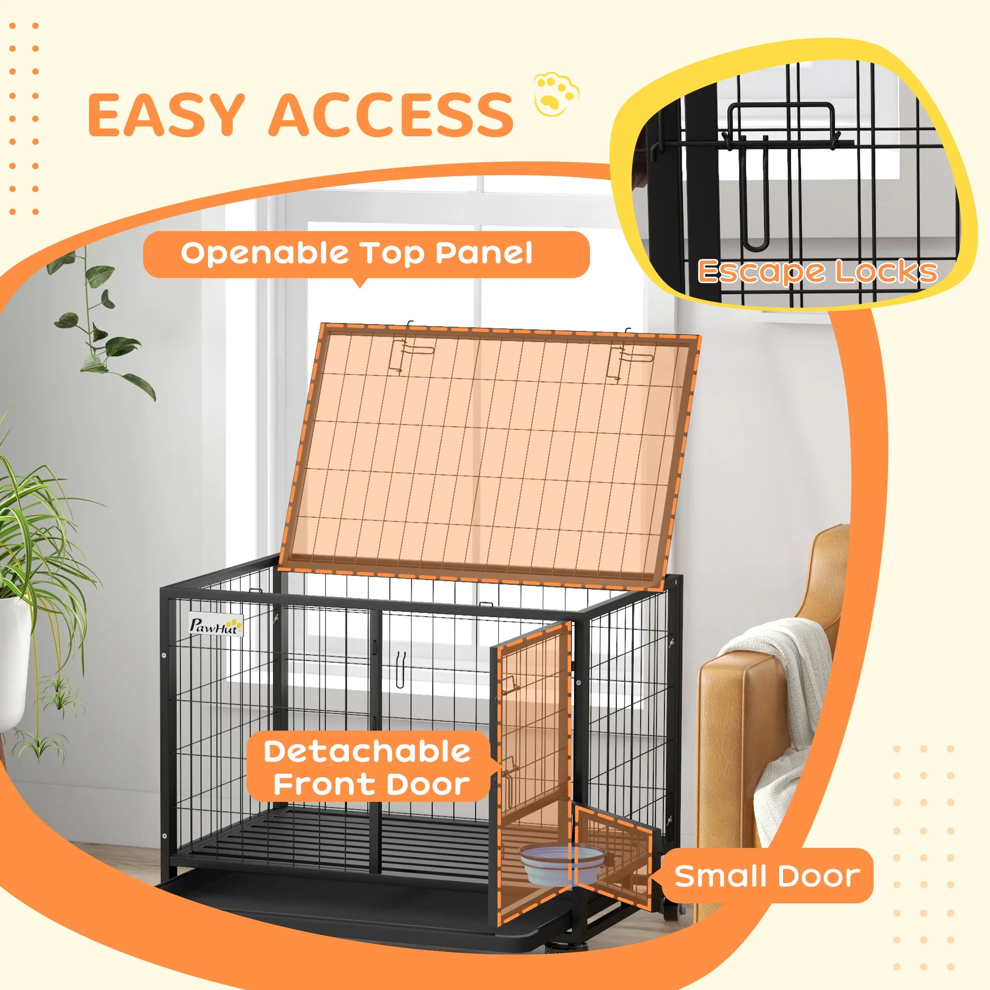 PawHut Heavy Duty Dog Crate On Wheels W/ Bowl Holder, Removable Tray - Image 6