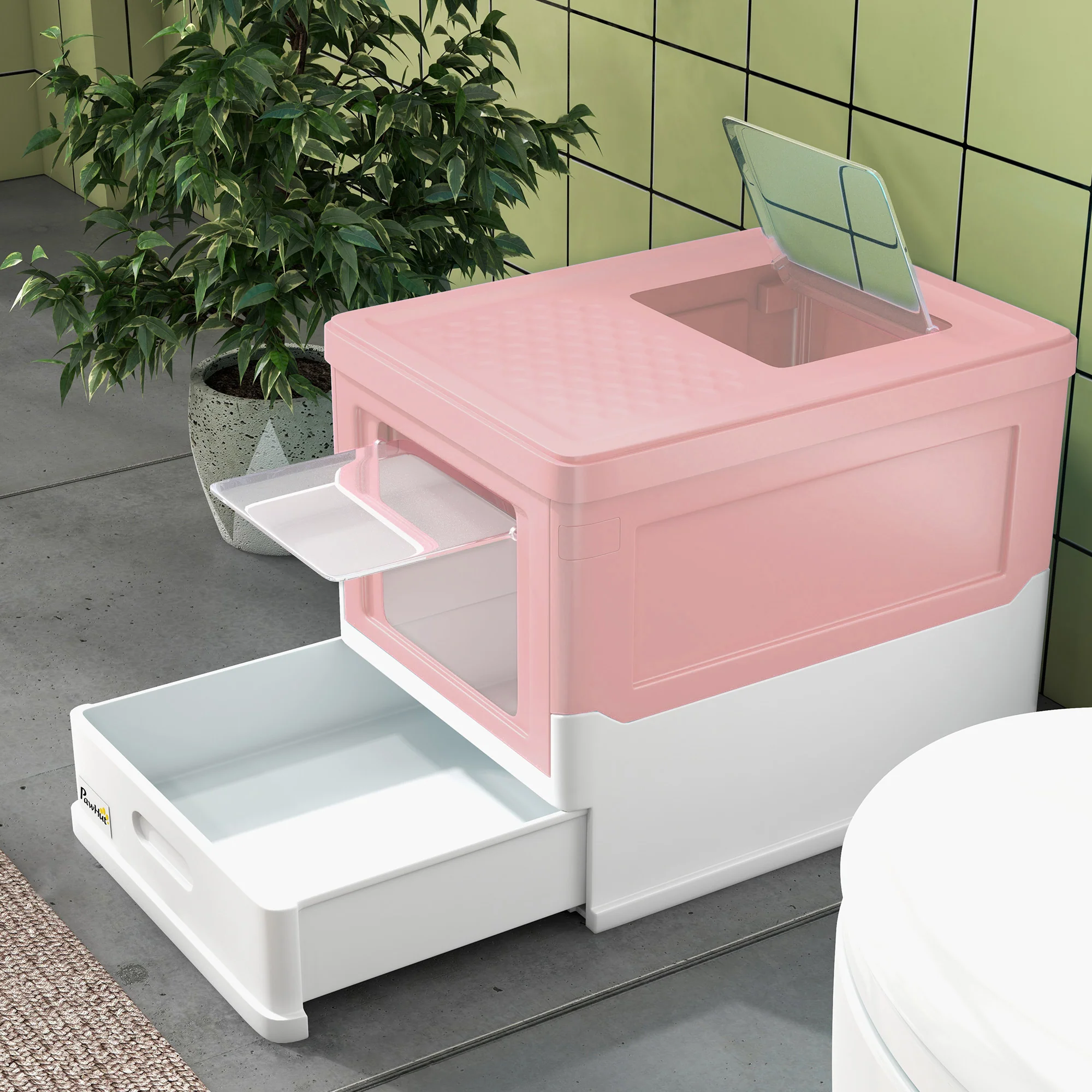 PawHut Hooded Cat Litter Box, Pet Toilet w/ Scoop, Tray - Pink - Image 8