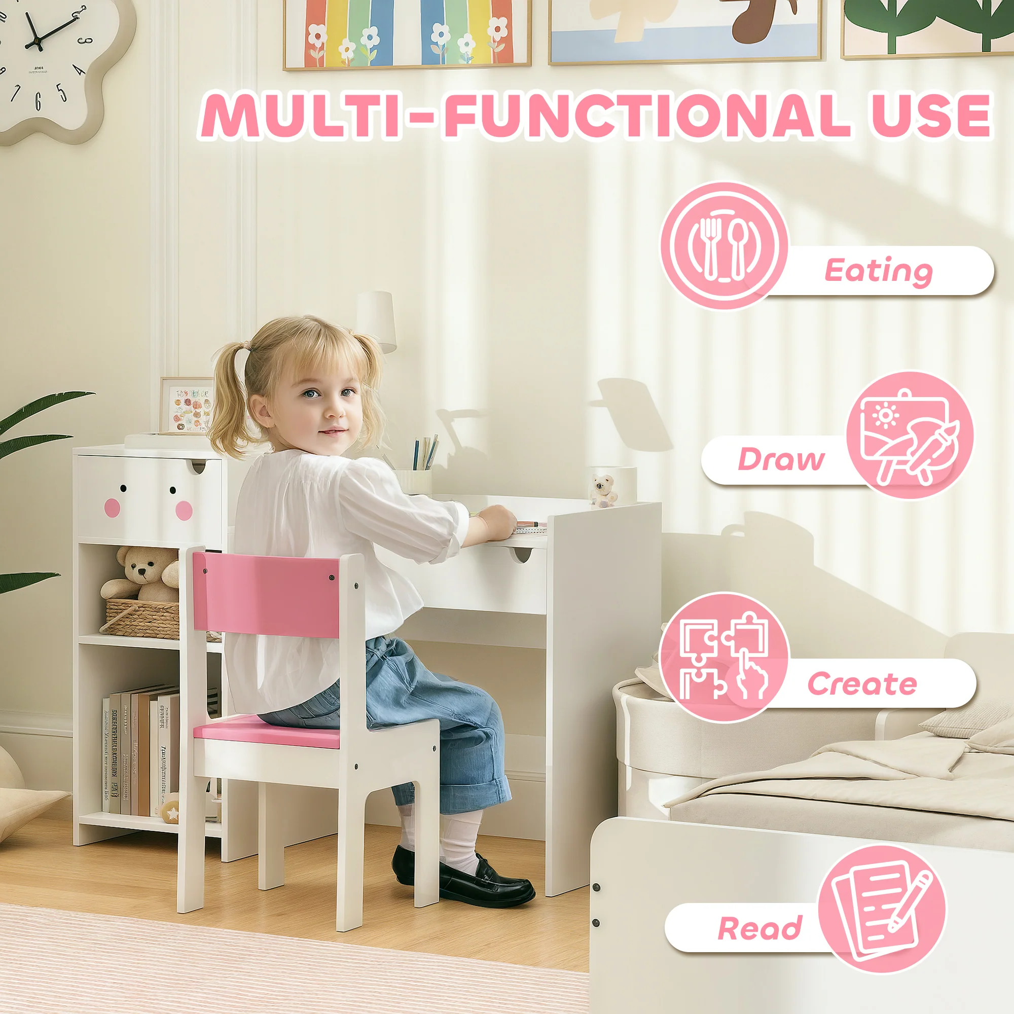 PawHut Kids Desk And Chair Set, Toddler Table And Chair Set, Rabbit Themed - Image 7