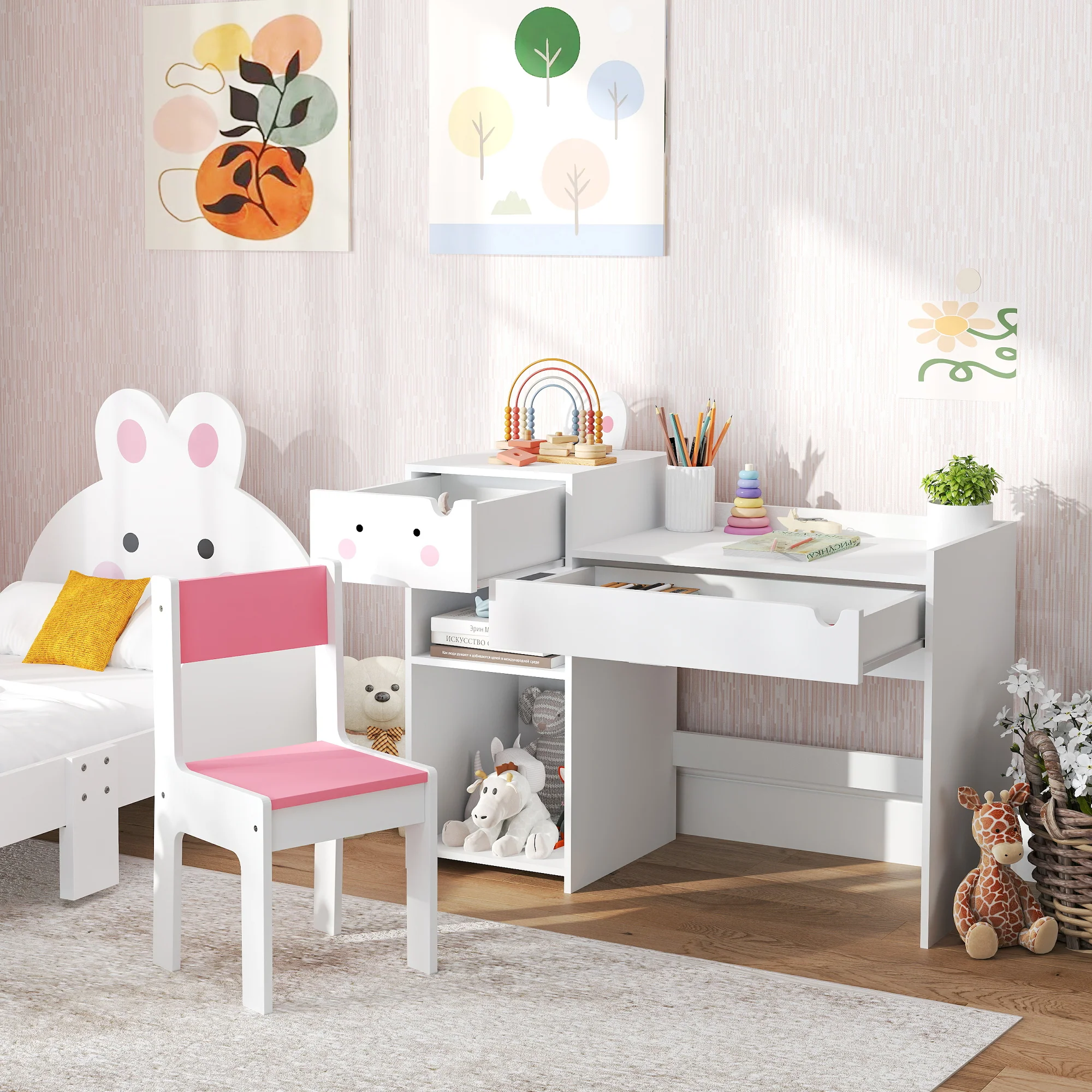 PawHut Kids Desk And Chair Set, Toddler Table And Chair Set, Rabbit Themed - Image 8