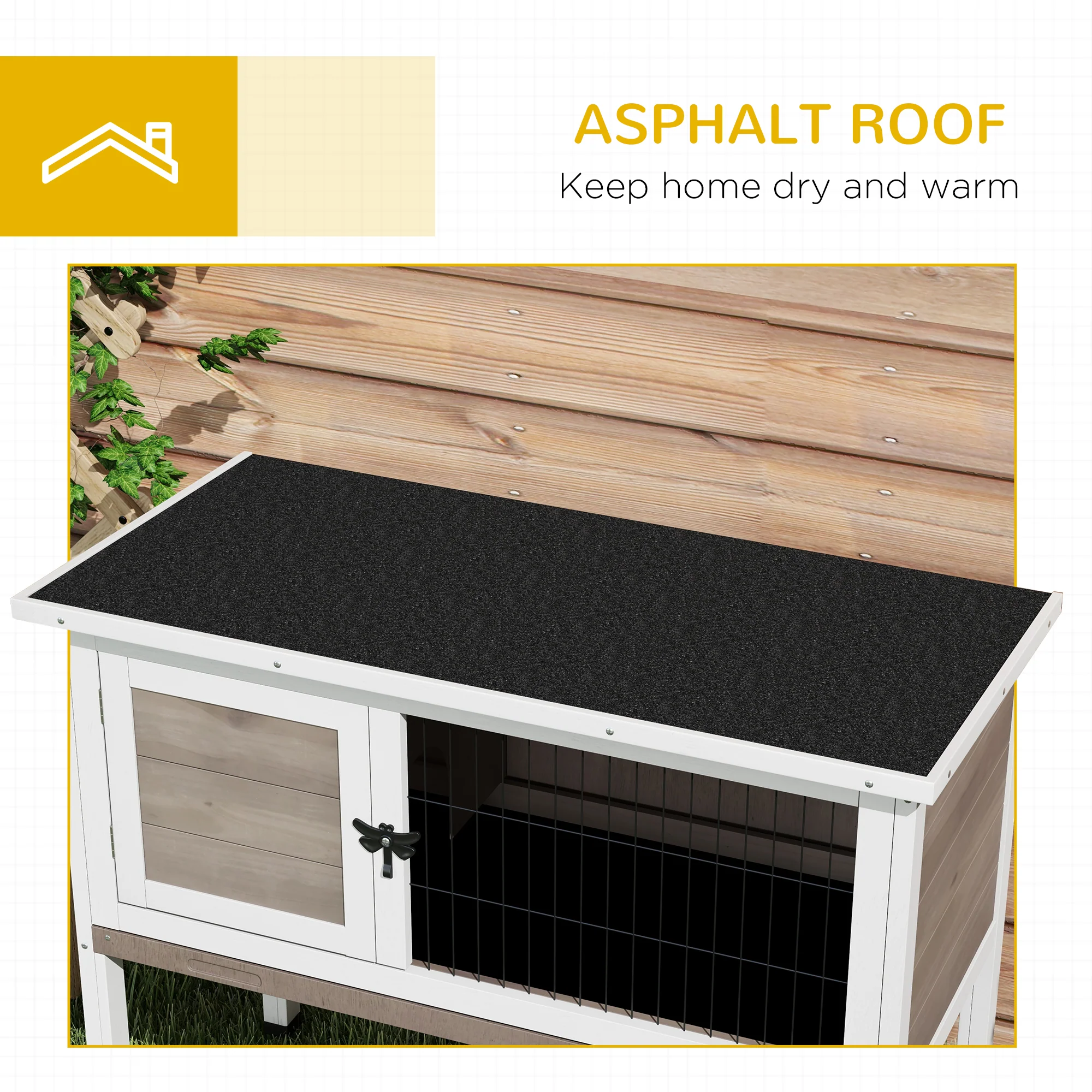 Pawhut Large Elevated Indoor Outdoor Wooden Rabbit Hutch w/ Asphalt Roof, Tray - Image 7