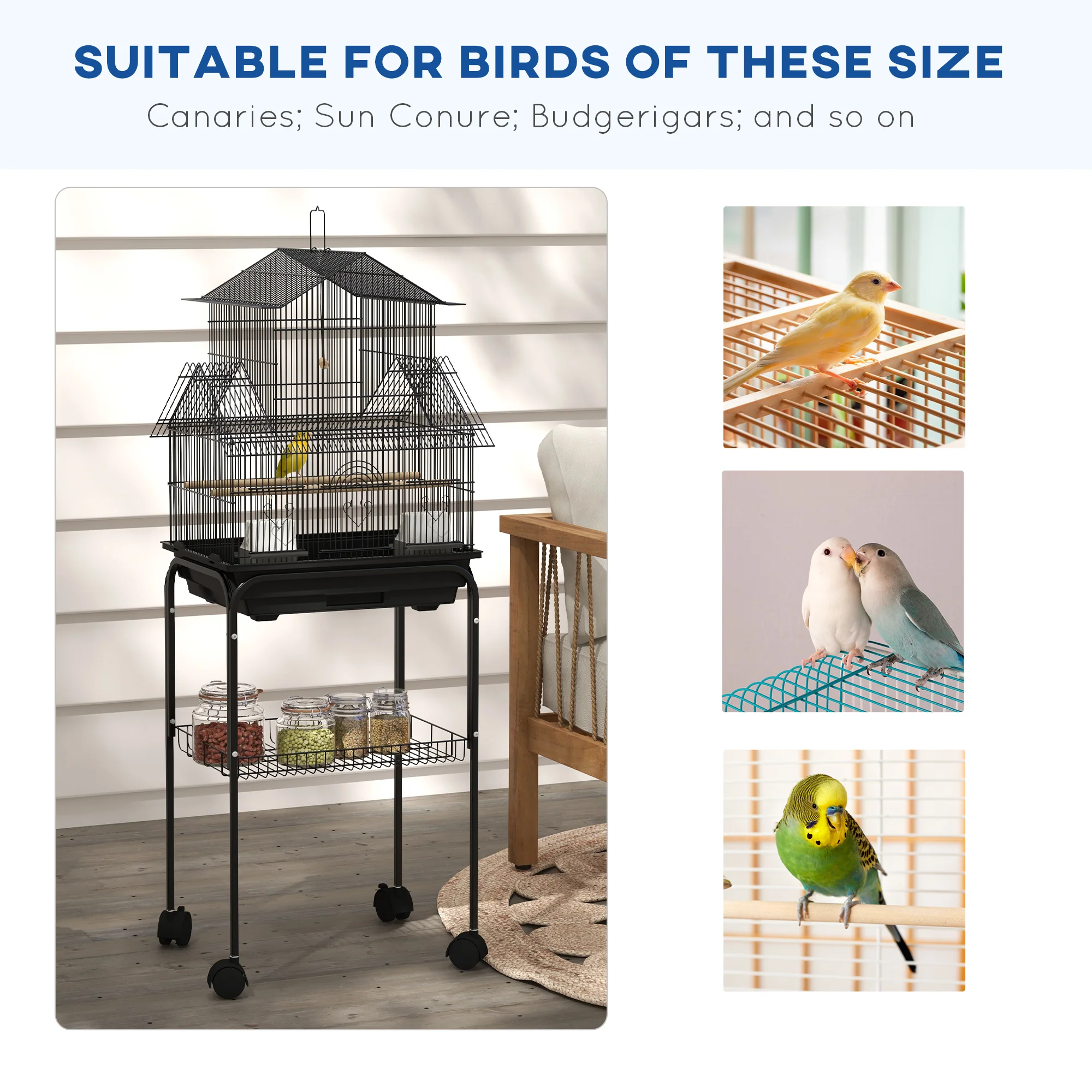 PawHut Metal Bird Cage w/ Perch, Food Container, Handle, for Finch, Canary - Image 7