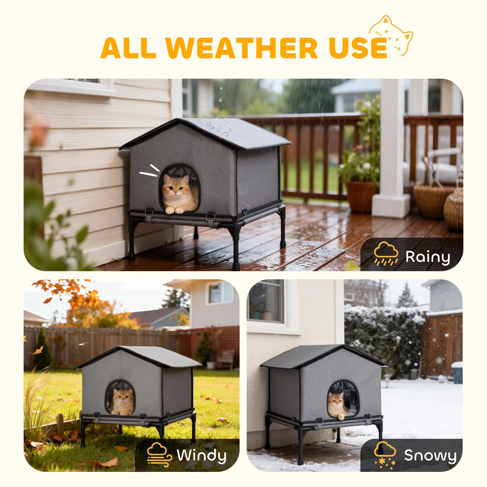 PawHut Outdoor Cat House, Feral Cat Shelter With Elevated Base, Grey - Image 4