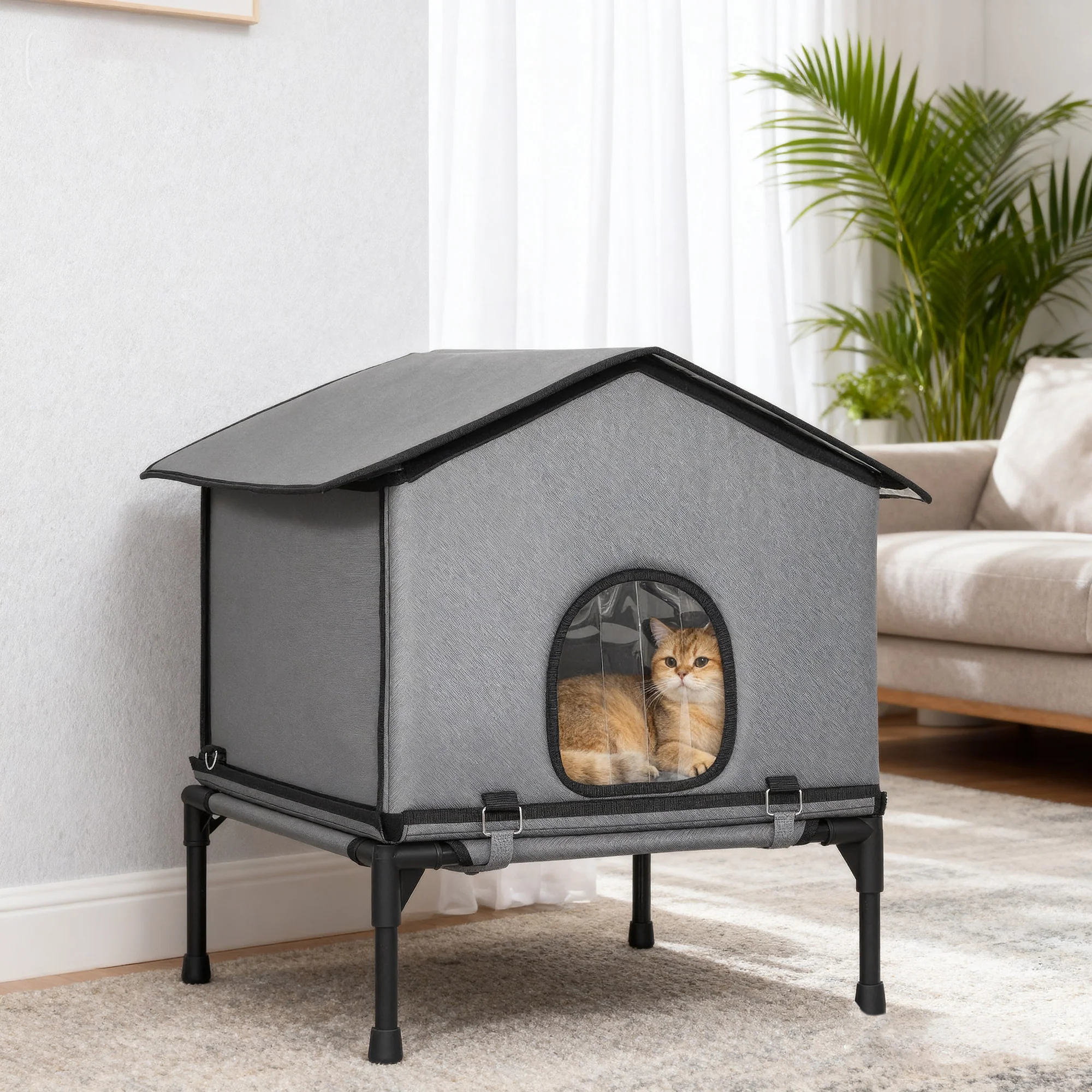 PawHut Outdoor Cat House, Feral Cat Shelter With Elevated Base, Grey - Image 9