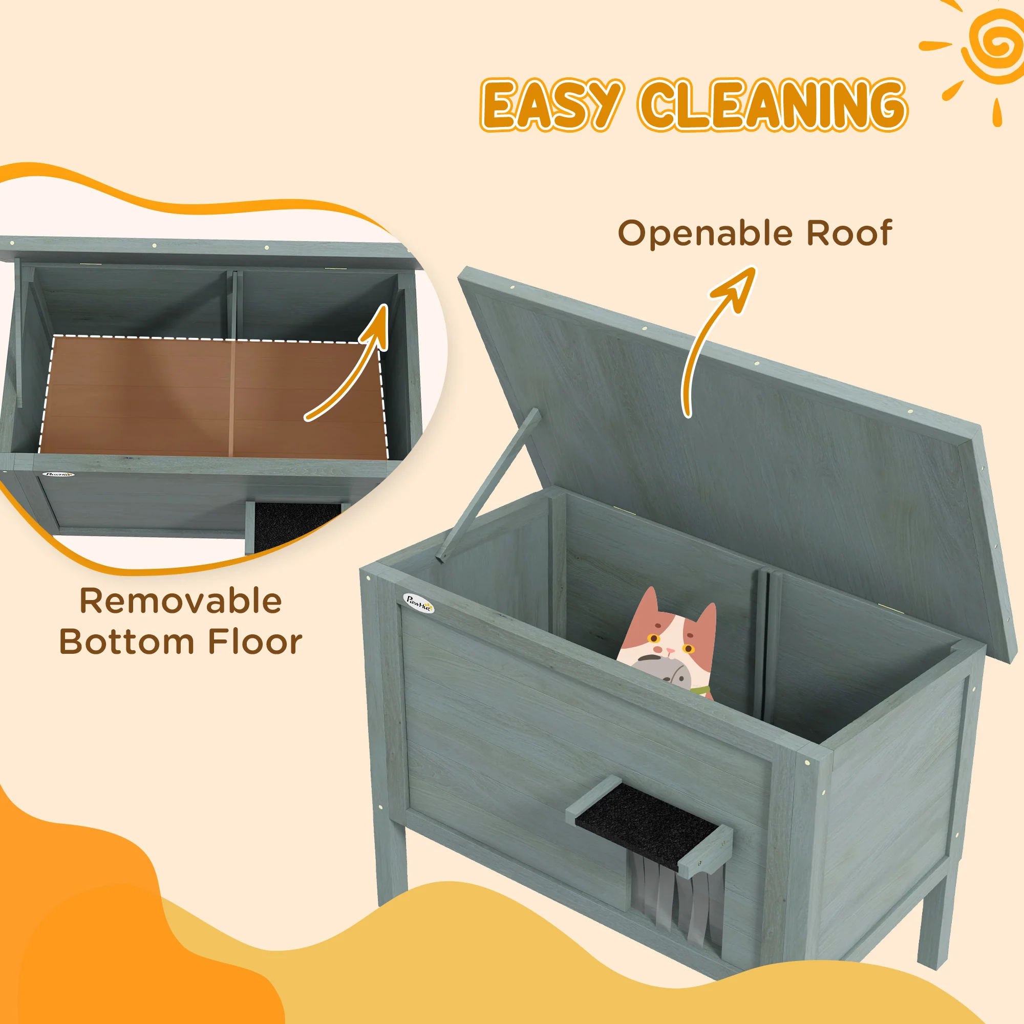 PawHut Outdoor Feral Cat House Insulated w/ Openable Roof - Charcoal Grey - Image 4