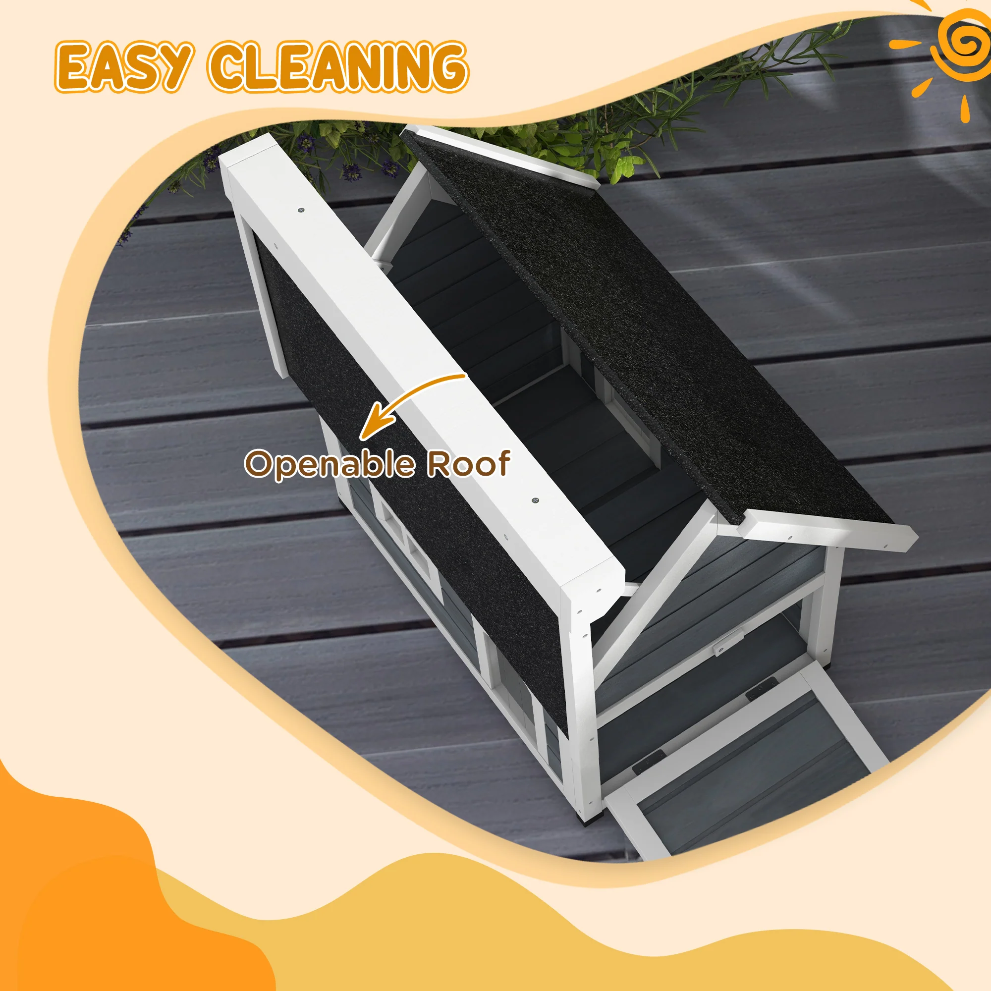 PawHut Outdoor Feral Cat House with Openable Asphalt Roof, Grey - Image 4