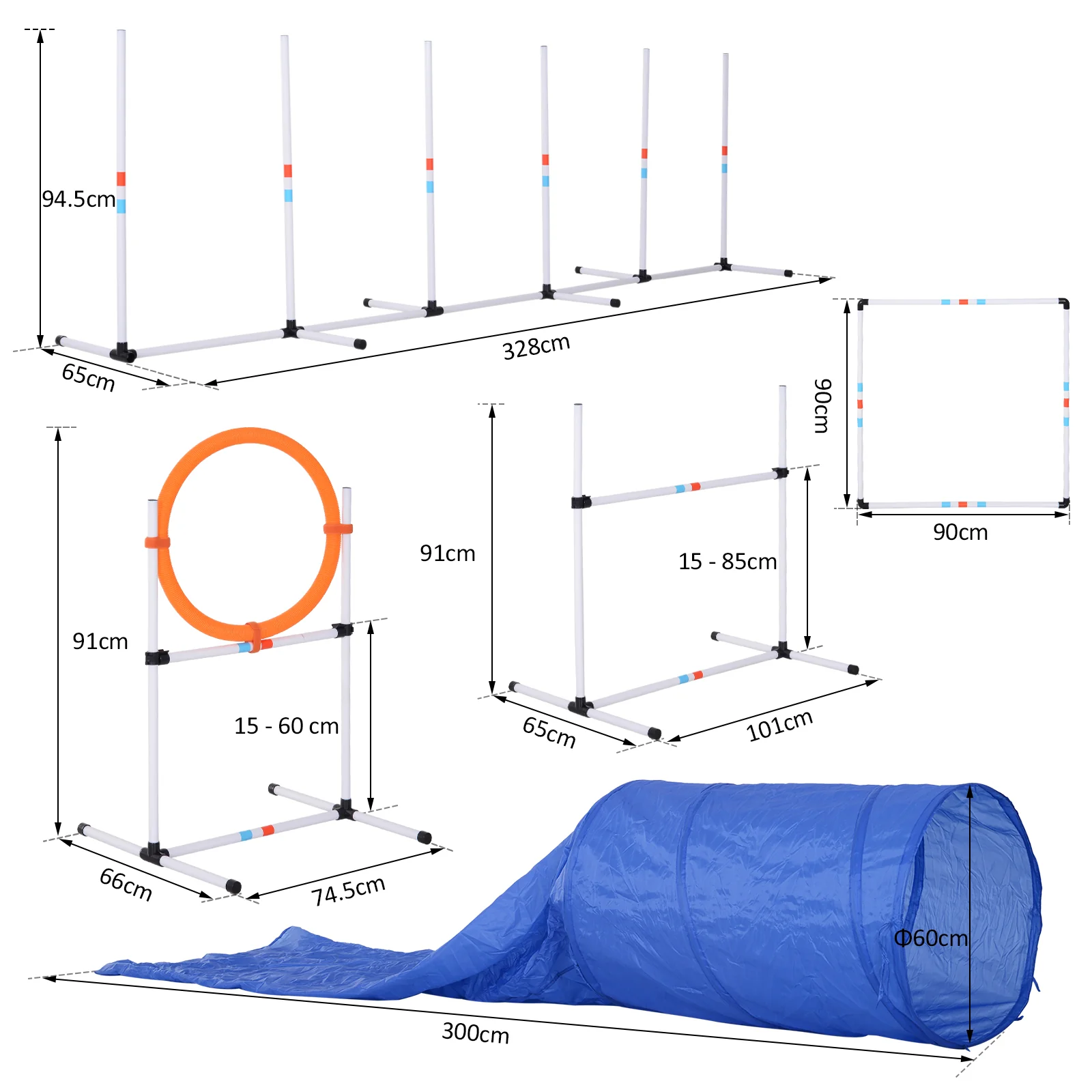 PawHut Pet Agility Training Equipment Dog Play Run Jump Obedience Training Set Carry Bag Adjustable (Pole + Hoop + Hurdle+Tunnel + Lunch Box) - Image 5