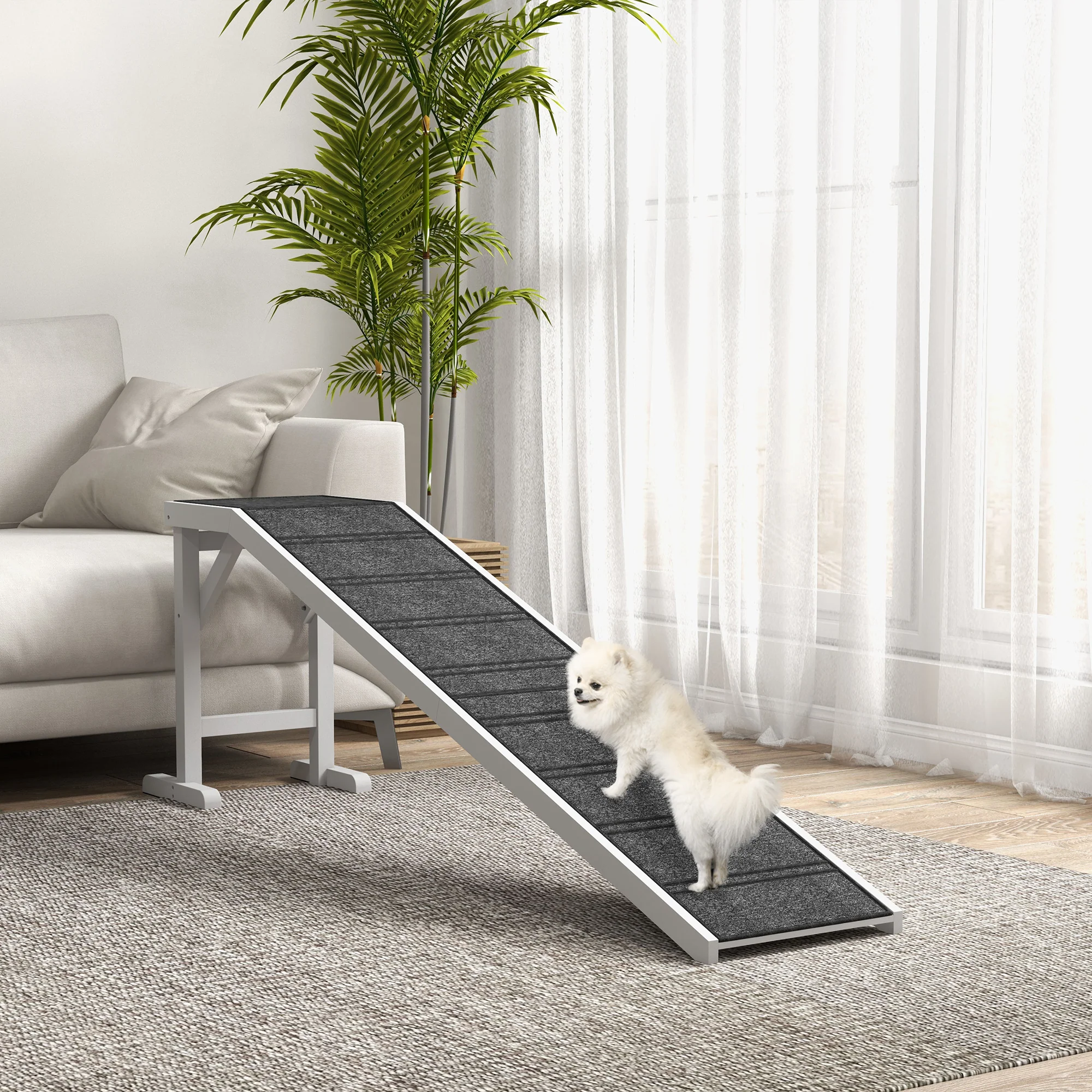 PawHut Pet Ramp for Dogs Cats with Non-Slip Carpet for Bed Sofa, White - Image 2