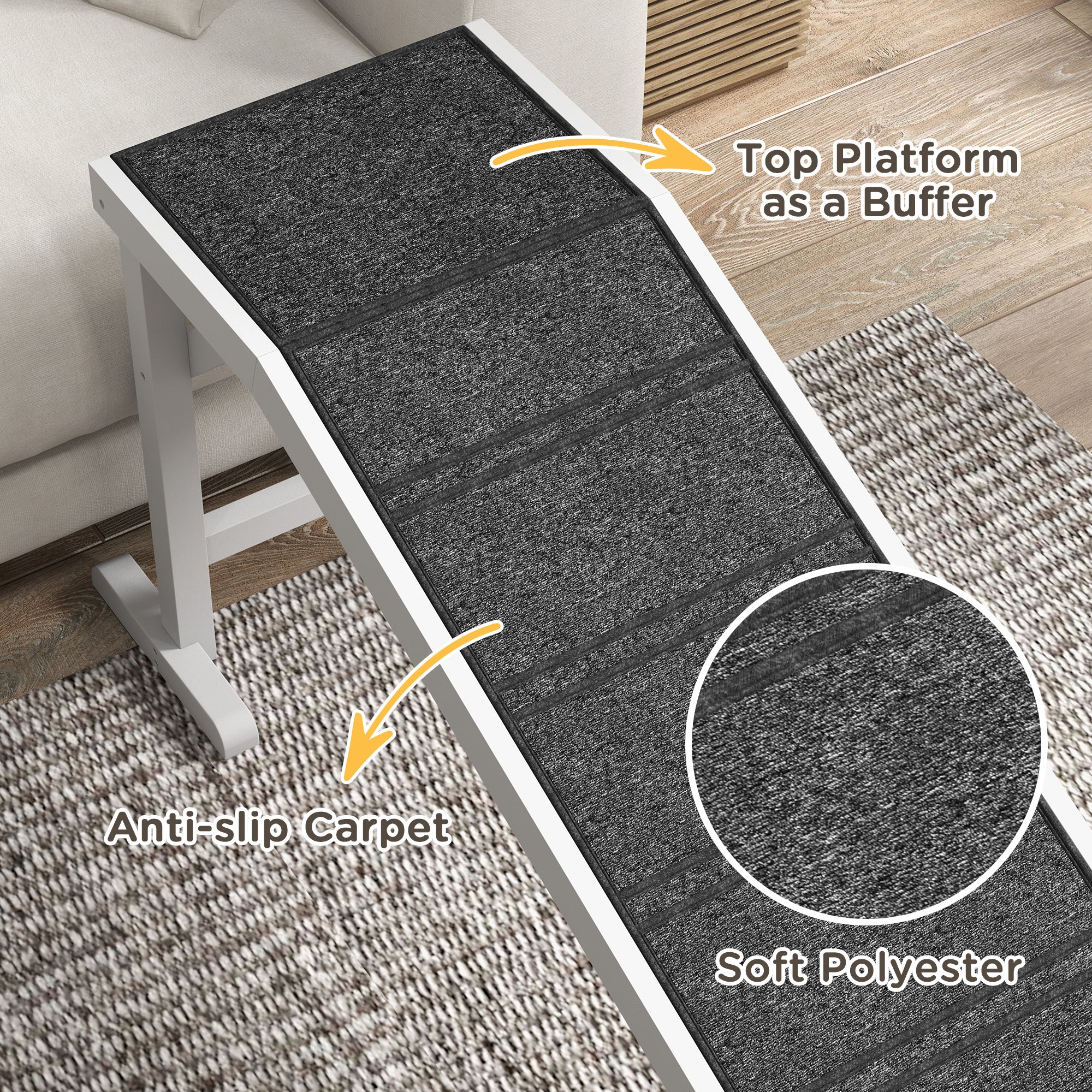 PawHut Pet Ramp for Dogs Cats with Non-Slip Carpet for Bed Sofa, White - Image 6
